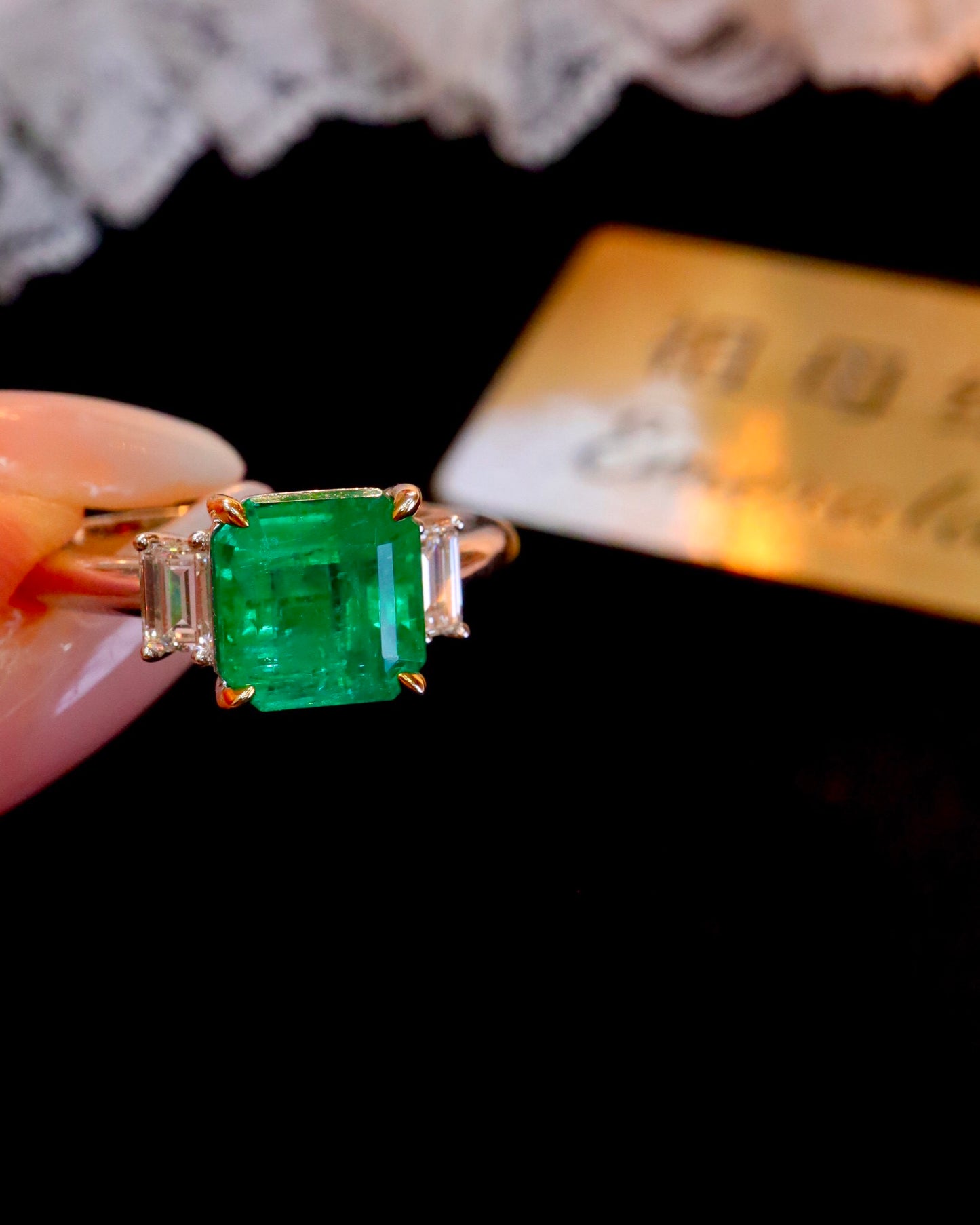 Timeless Elegance: Three-Stone Natural Emerald Ring in 18K Gold and Diamond