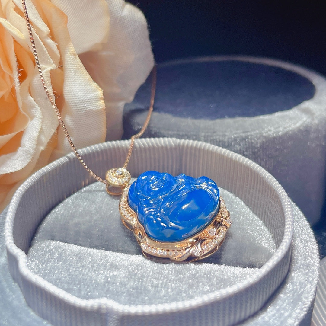 Neu eingetroffen: „Buddha“-Anhänger aus 18-karätigem Gold mit eingebettetem dominikanischen blauen Bernstein – Schmuck