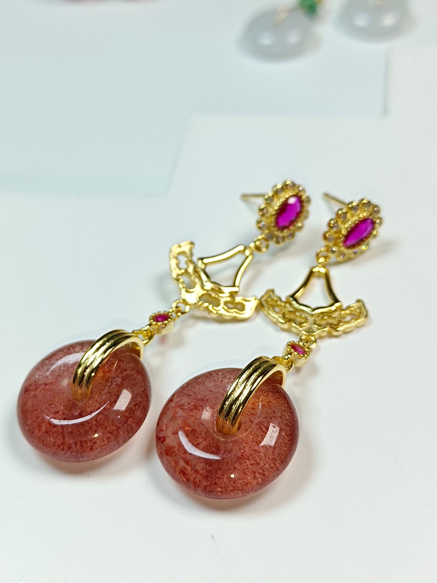 Original Design Natural Strawberry Quartz Safety Buckle S925 Silver Earrings - Classical Jewelry