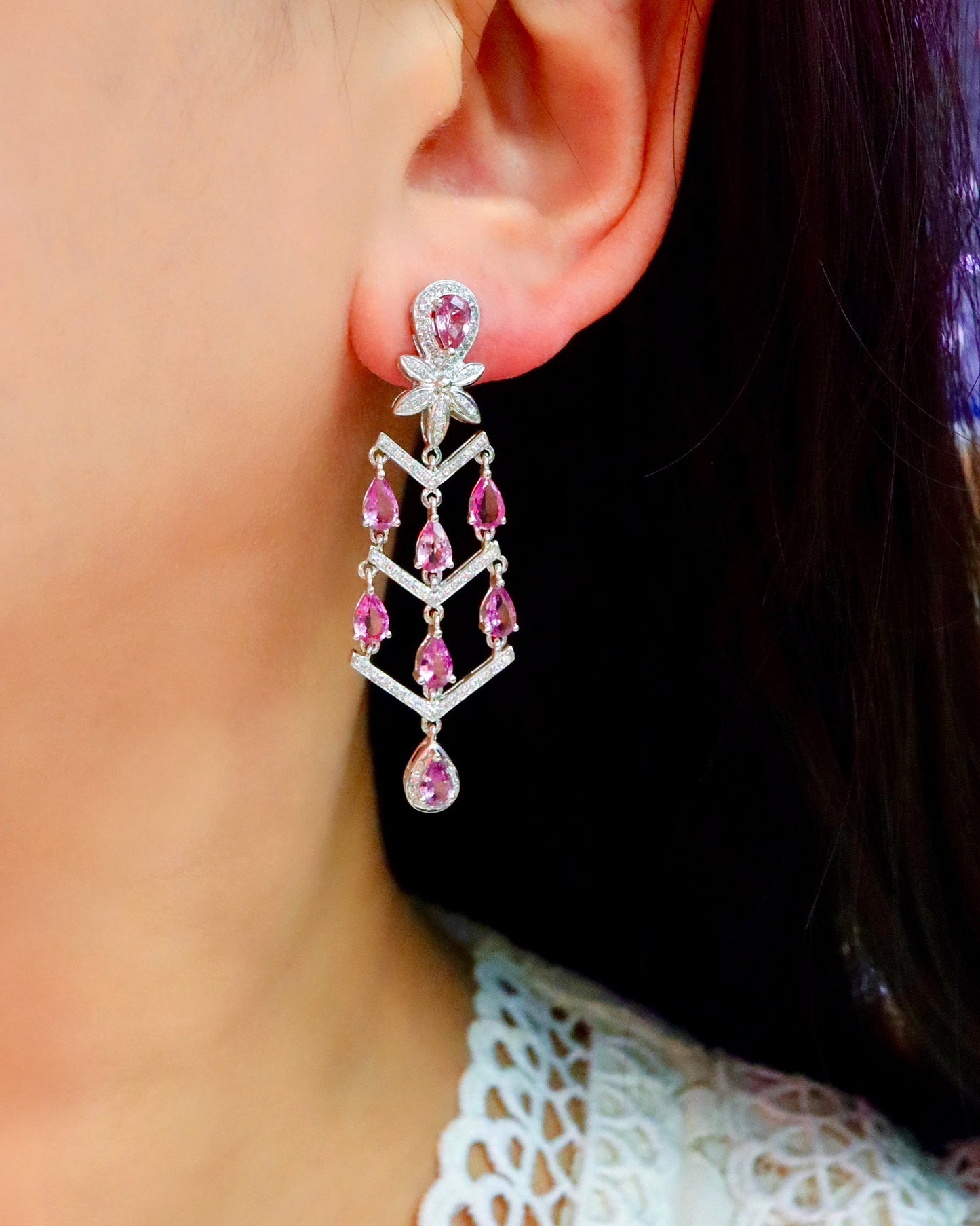 Exquisite Elegance Jewelry: Natural Pink Sapphire Earrings with 18K Gold and Diamonds