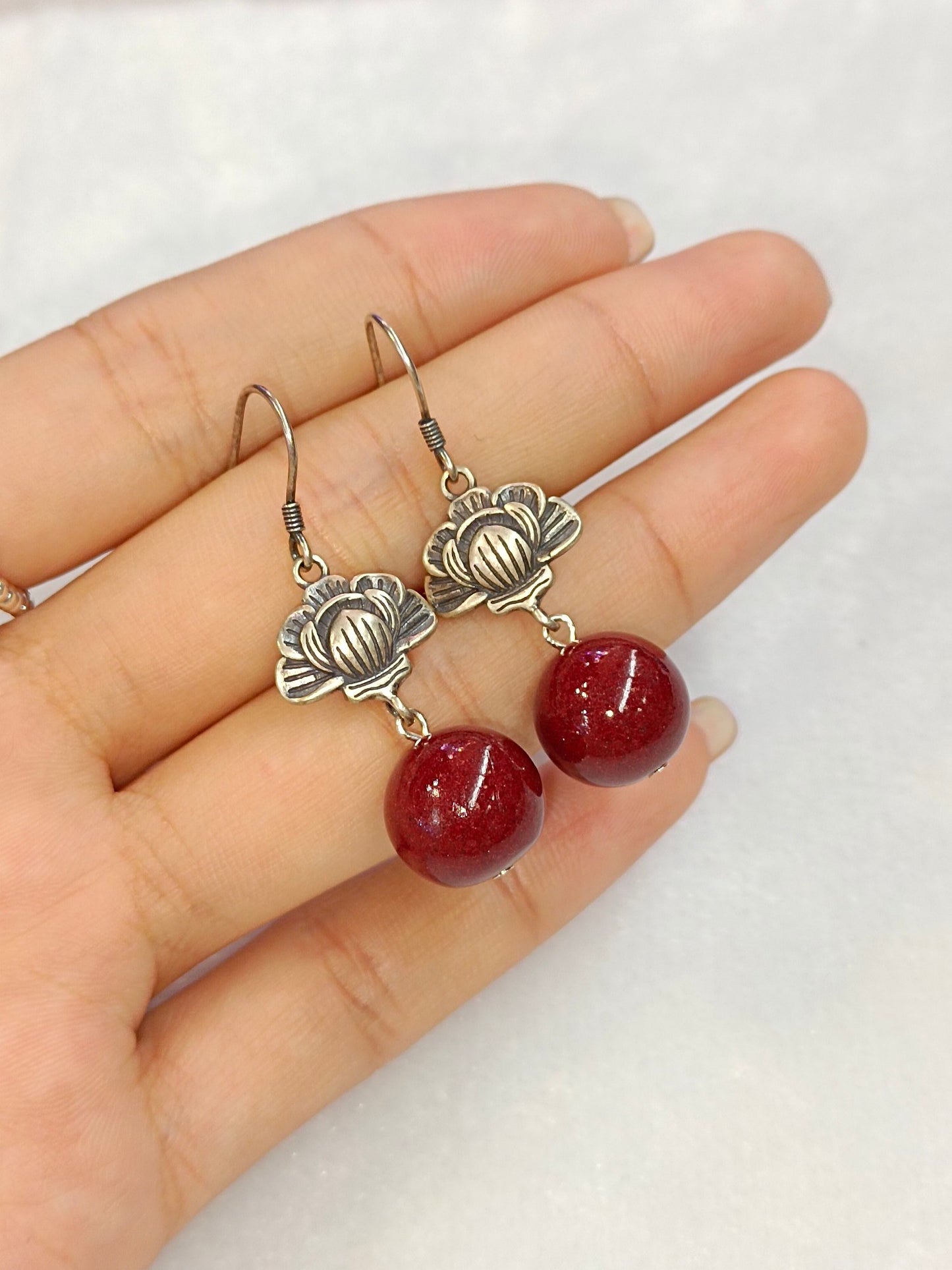 Elegant Vermilion Cinnabar S925 Silver Earrings - Minimalist Red Purple Gold Sand Bead Drops