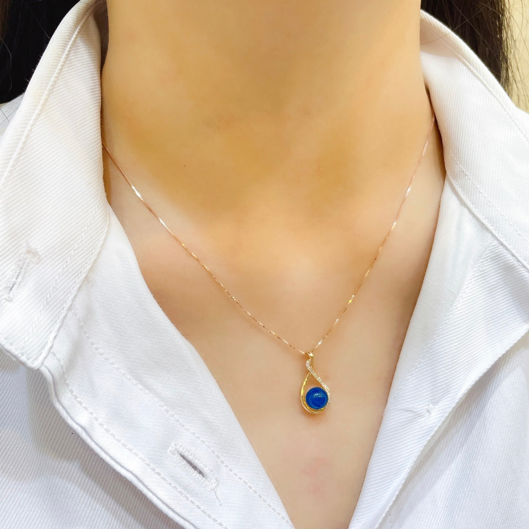 Élégant pendentif en ambre bleu dominicain intégré en or 18 carats - Bijoux uniques