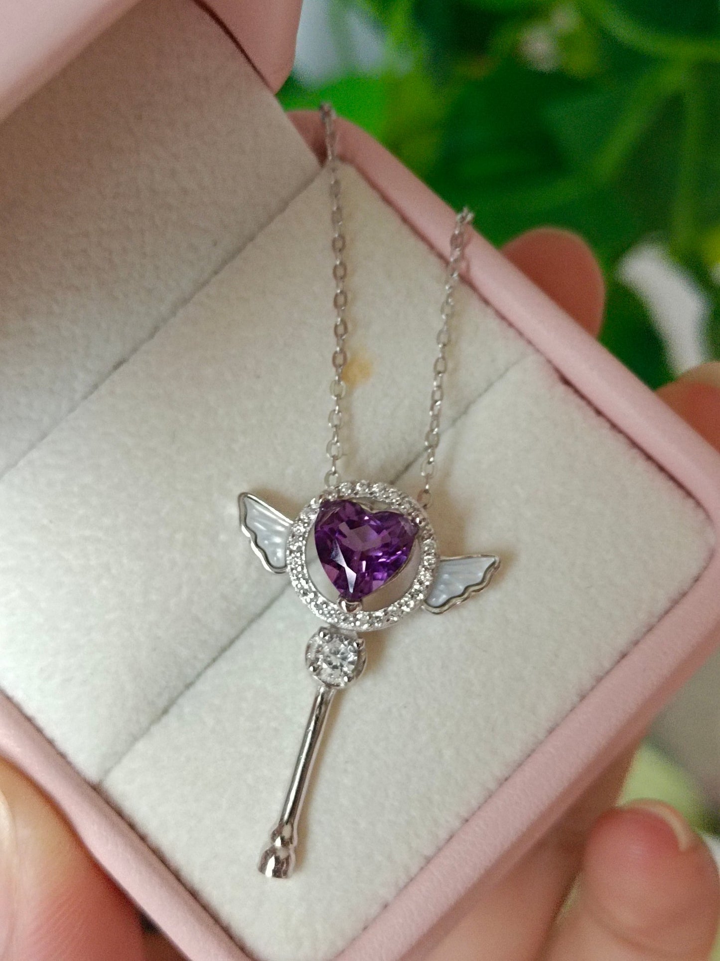 Elegant and Whimsical Natural Purple Crystal Heart Wand Pendant Jewelry