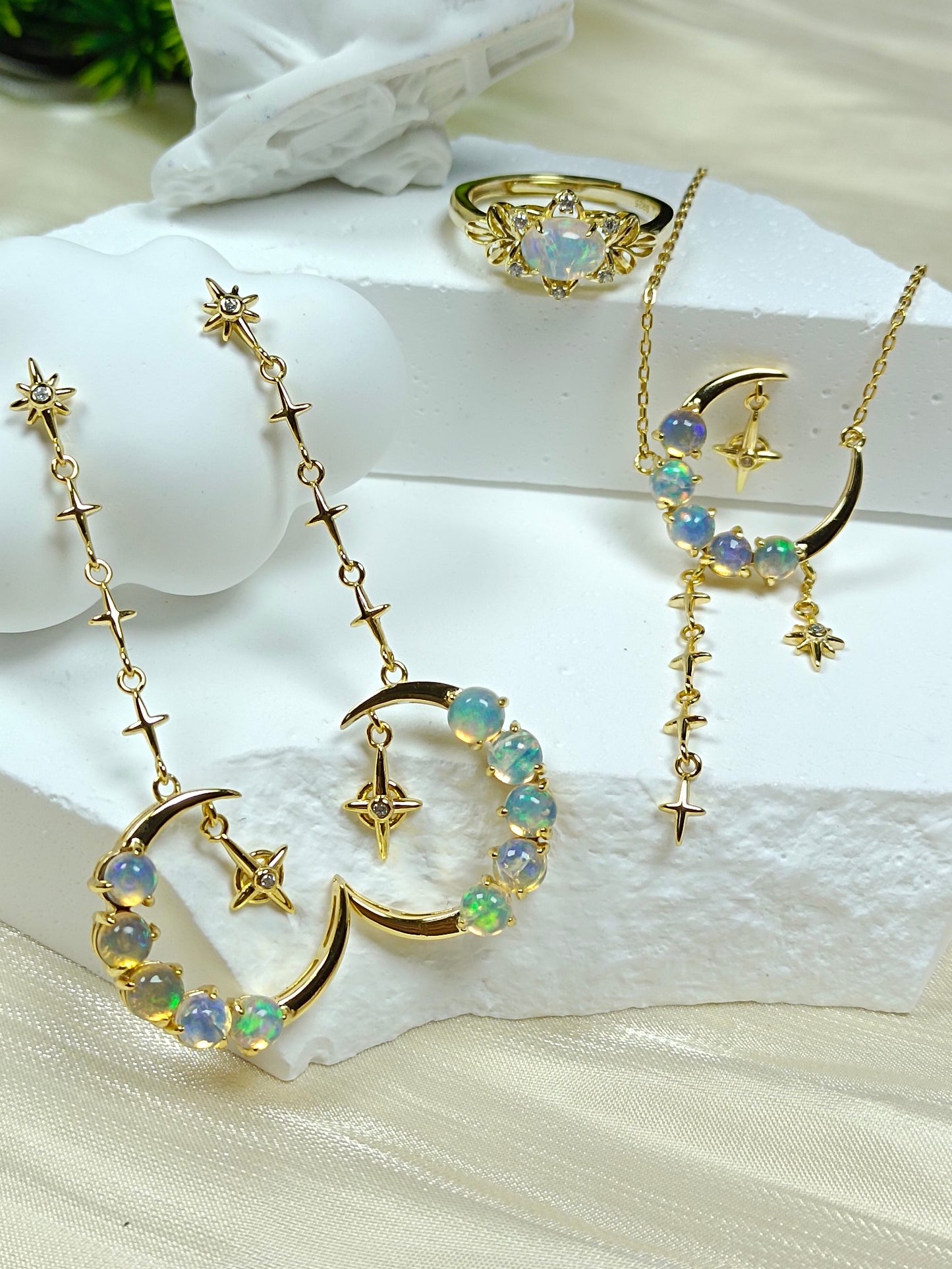 S925 Sterling Silver Opal Star & Moon Jewelry Set with 18K Technology