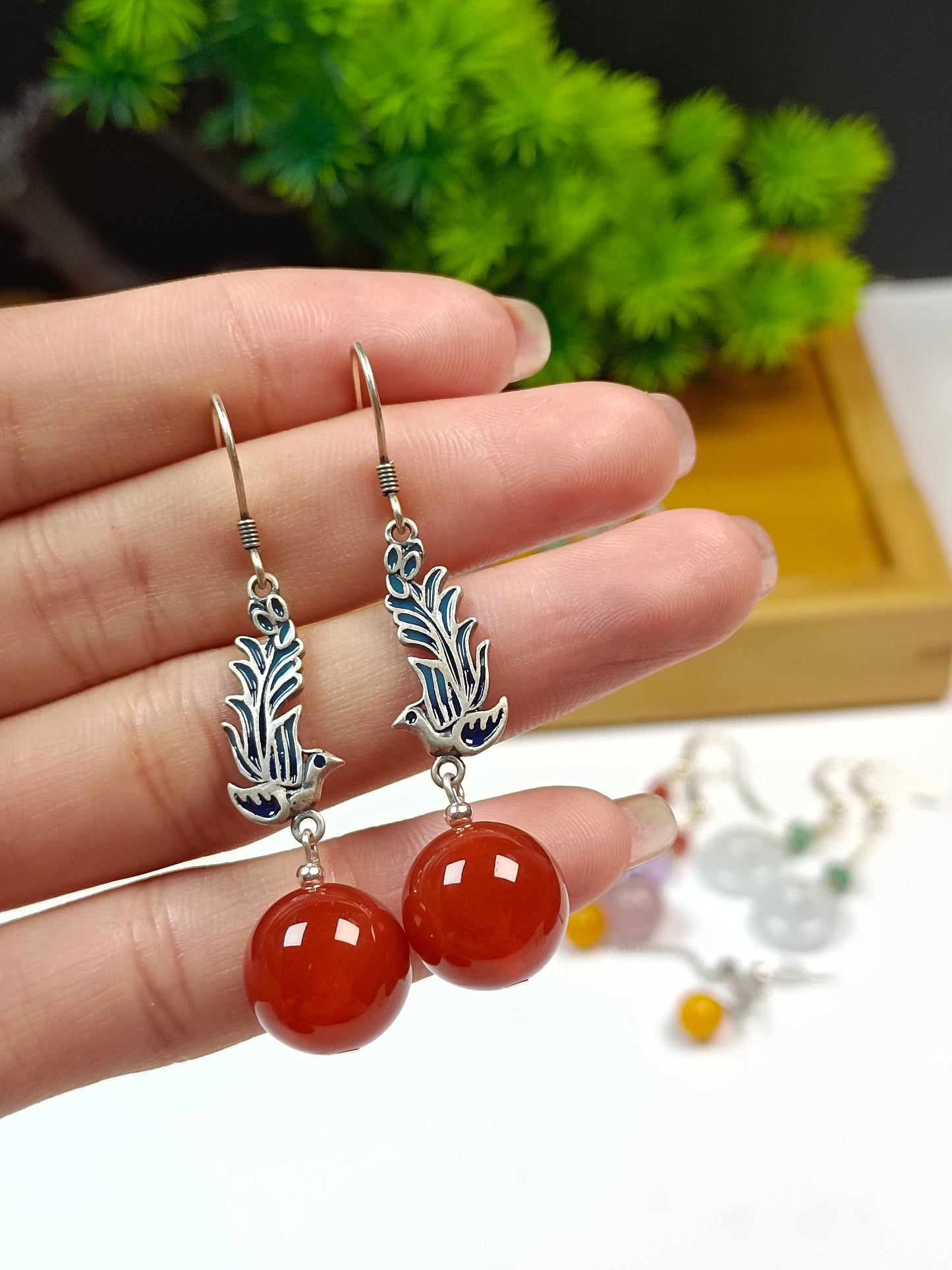 Original Design Chinese Style Antique S925 Silver "Phoenix Ascending" Cloisonné Red Agate Bead Earrings - Jewelry