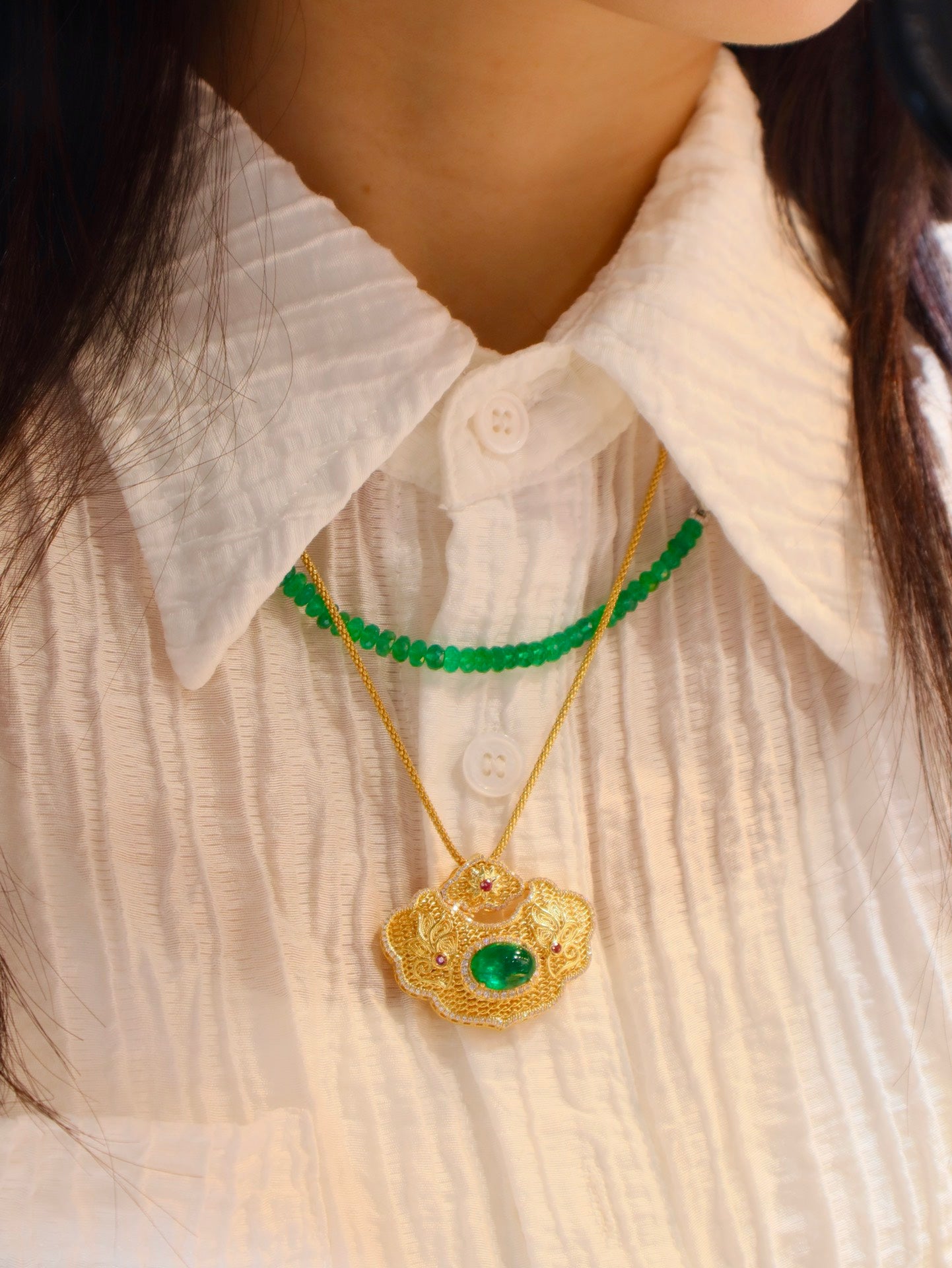 Ruyi Safety Lock Pendant - Emerald Charm Jewelry