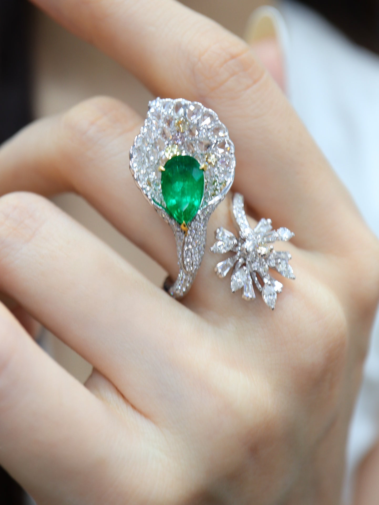 Emerald and Diamond Ring with Lotus Petal Design - Fine Jewelry