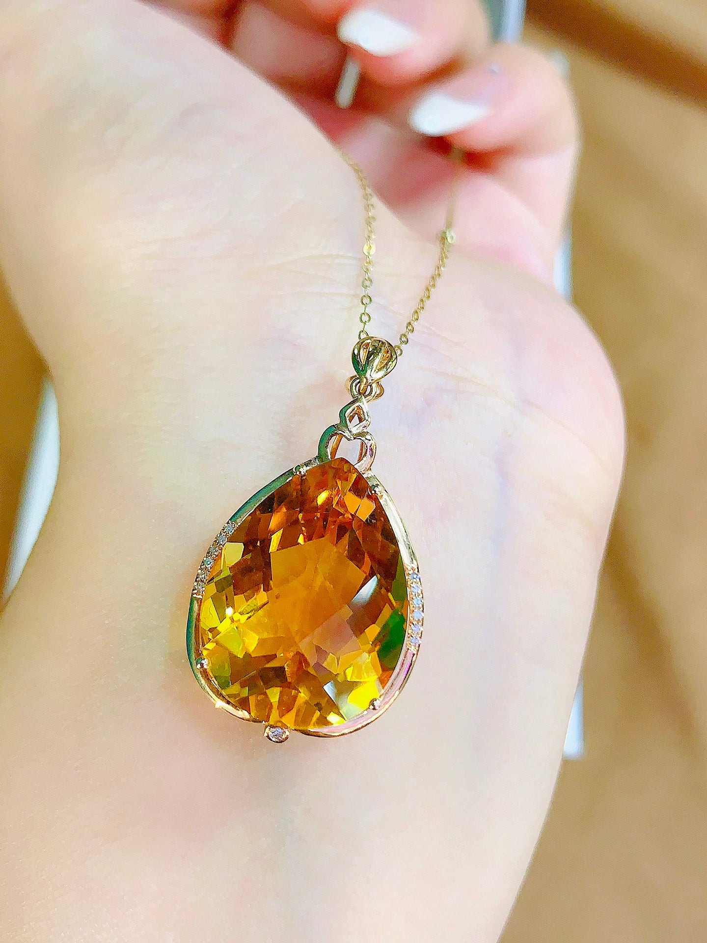 18K Gold Diamond-Embedded Yellow Citrine Pendant (Chain Not Included) - Exquisite Jewelry