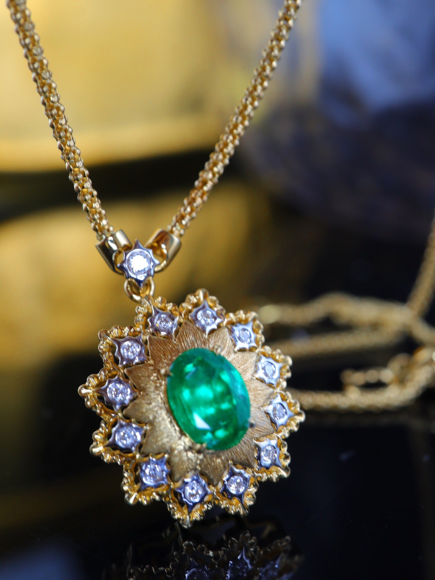 Italian Elegance Jewelry Collection: Buccellati-inspired Crafted Gold Necklace with Ruby and Emerald Pendants