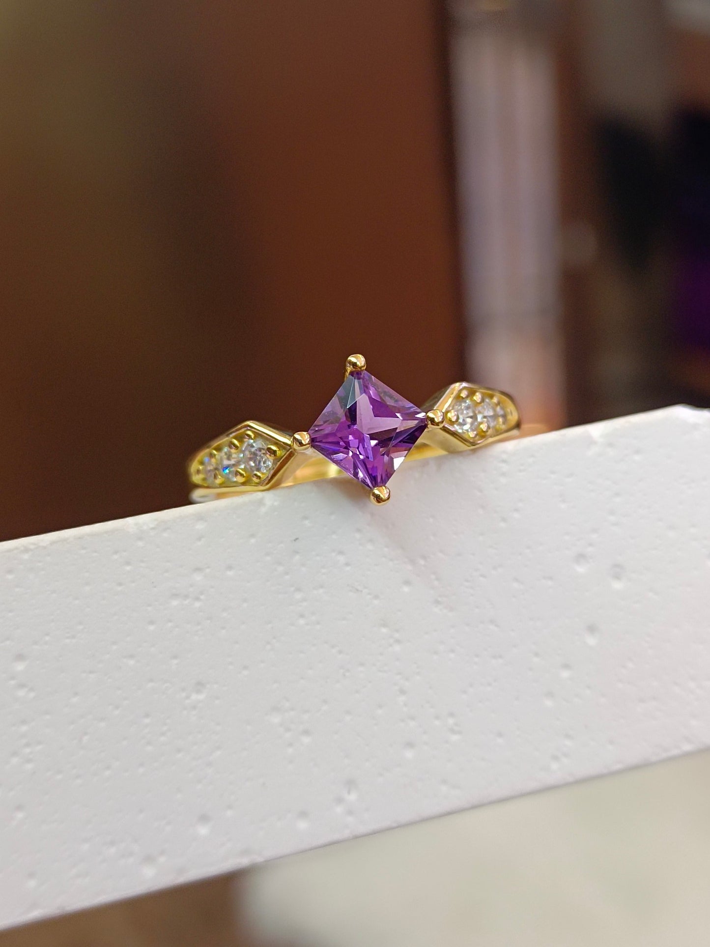 Elegant S925 Sterling Silver Purple Crystal Square Ring with 18K Gold Technique