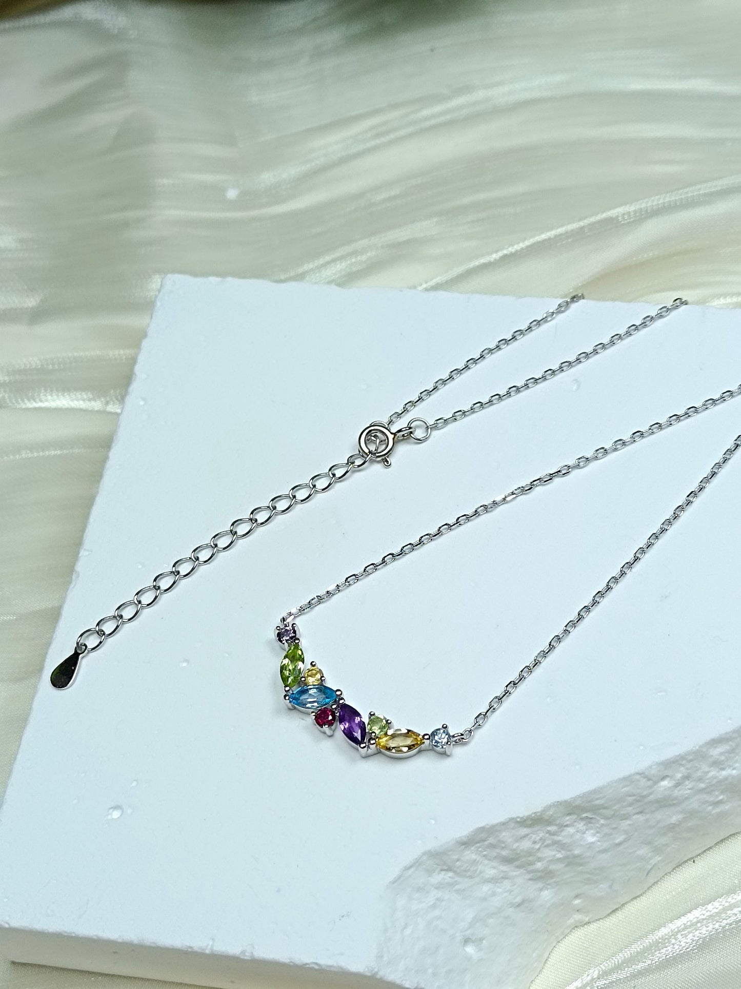 S925 Sterling Silver Rainbow Multi-Gemstone Necklace with 18K Gold Embedding - Exquisite Jewelry