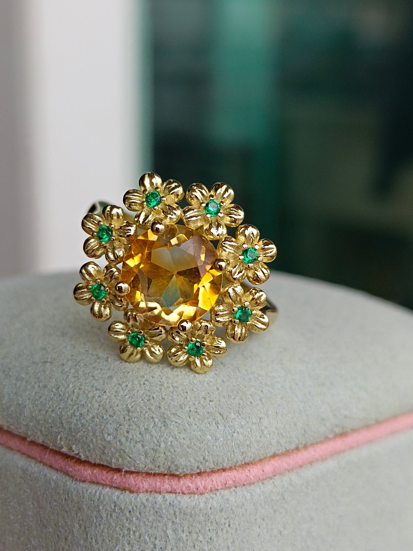 Cincin Bunga Kemakmuran Citrine Asli yang Indah - Barang Kemas Unik