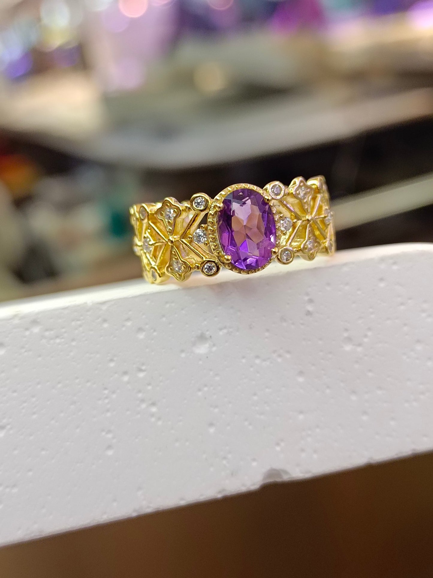 Cincin Perak S925 Sterling dengan Terbenam Amethyst Ungu & Teknik Emas 18K - Reka Bentuk Barang Kemas Unik