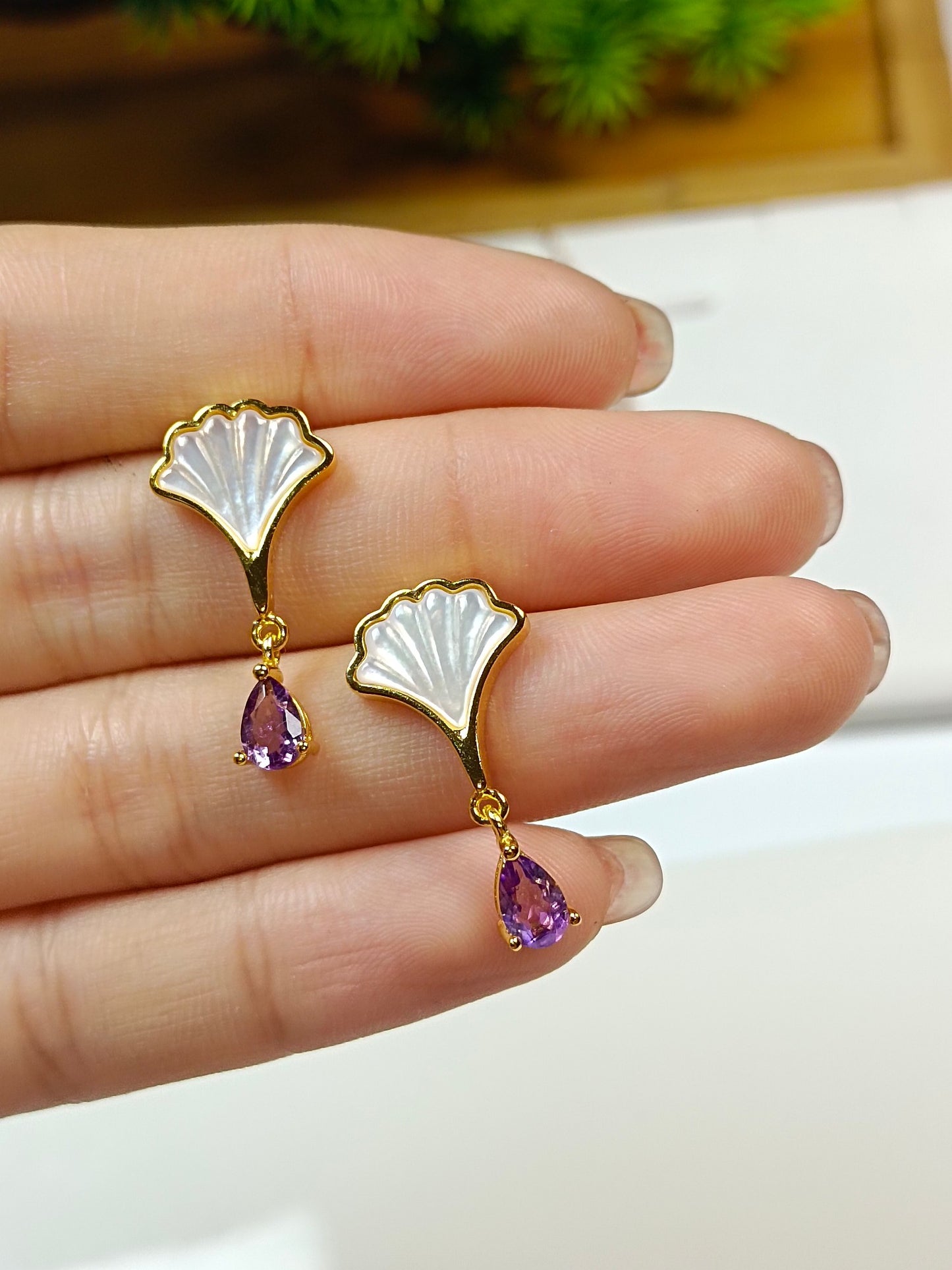 S925 Silver Embedded White Shell Amethyst Earrings - Summer Light Luxury Elegant Jewelry