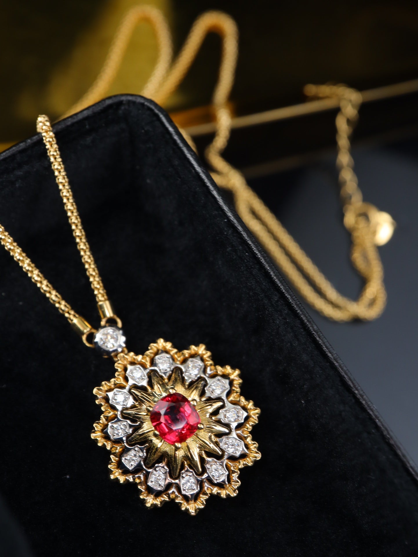 Italian Elegance Jewelry: Buccellati Classic Crafted Gold Necklace with Pigeon's Blood Red Gem