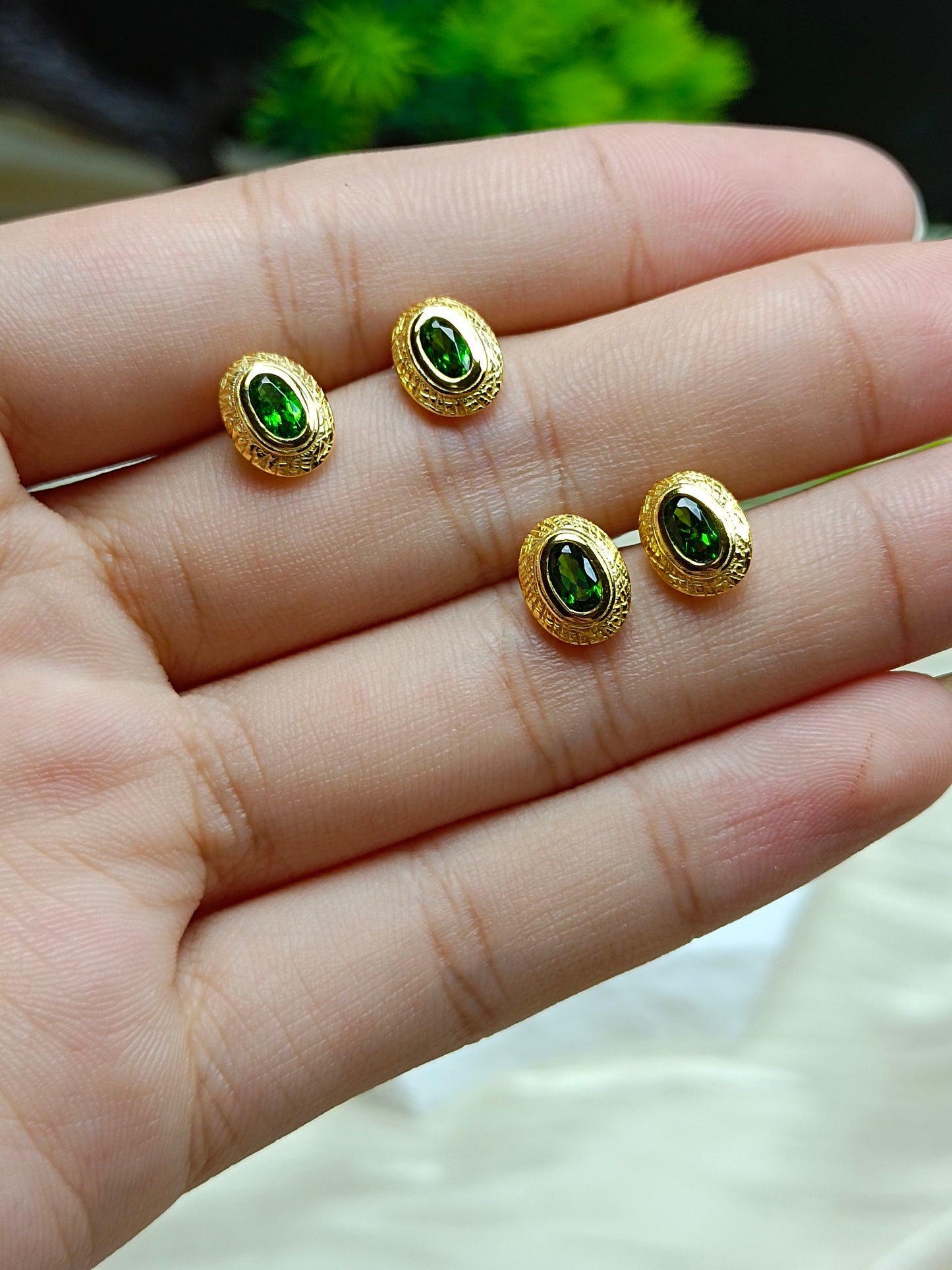 S925 Sterling Silver with Diopside Embedded Earrings in 18K Gold Technique - French Vintage Palace Style