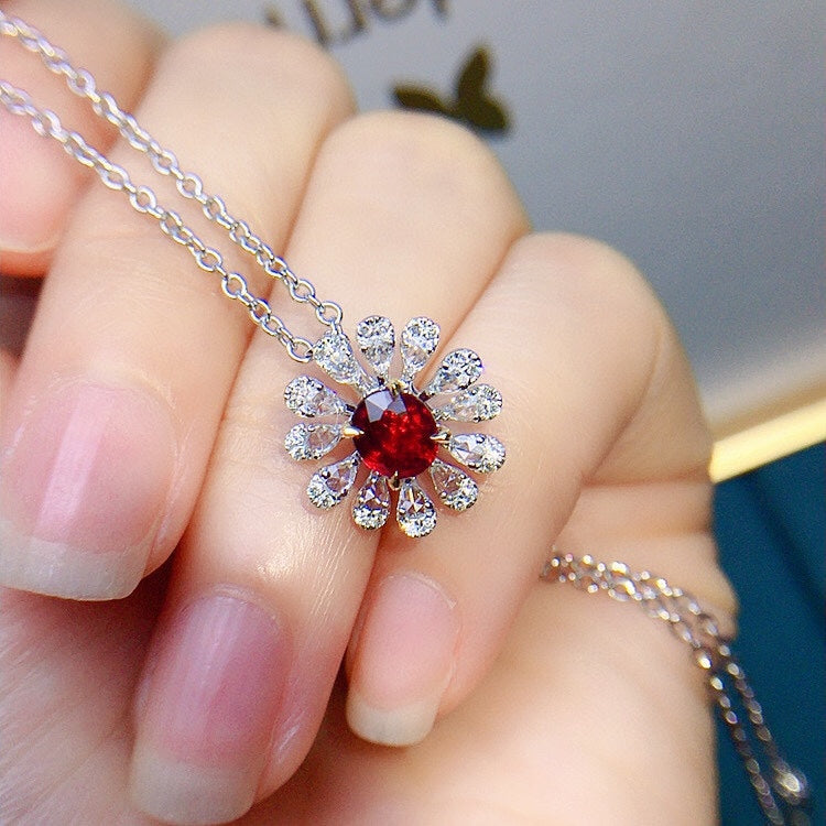 Elegant Petal-Shaped Ruby and Diamond Two-Way Wear Jewelry