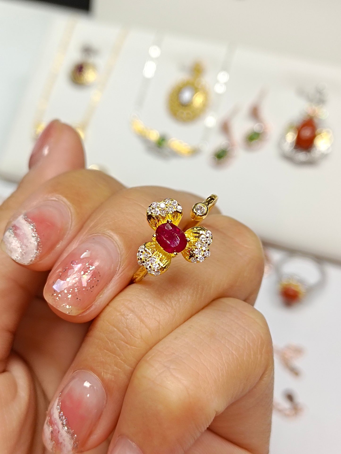 S925 Ruby Flower Adjustable Ring - Elegant Jewelry Piece