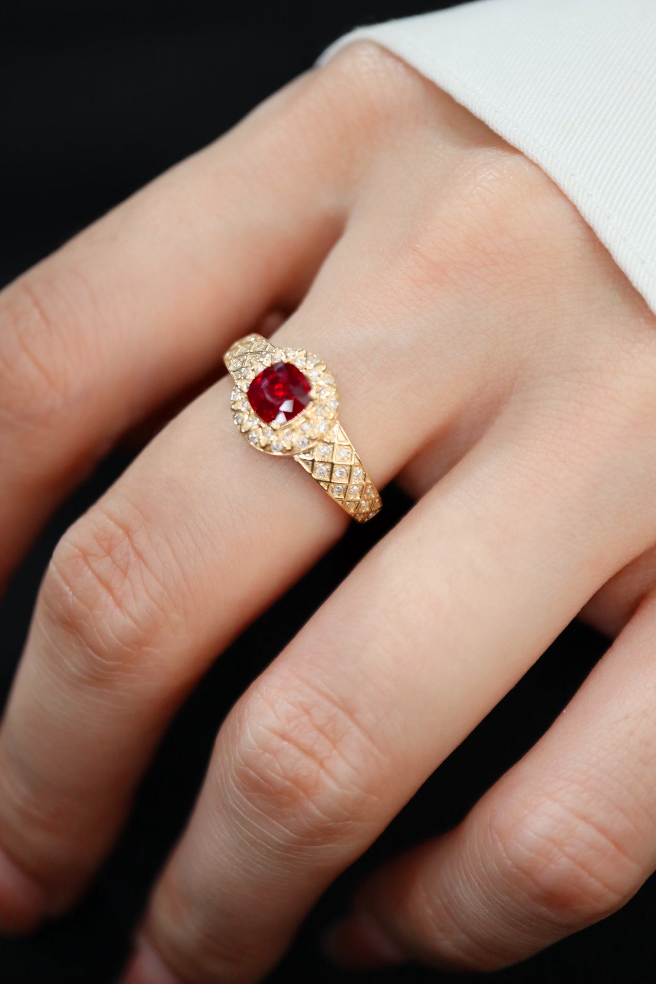 Pigeon Blood Red Ruby Ring with Full Diamond Pavé Setting - A Classical Charm