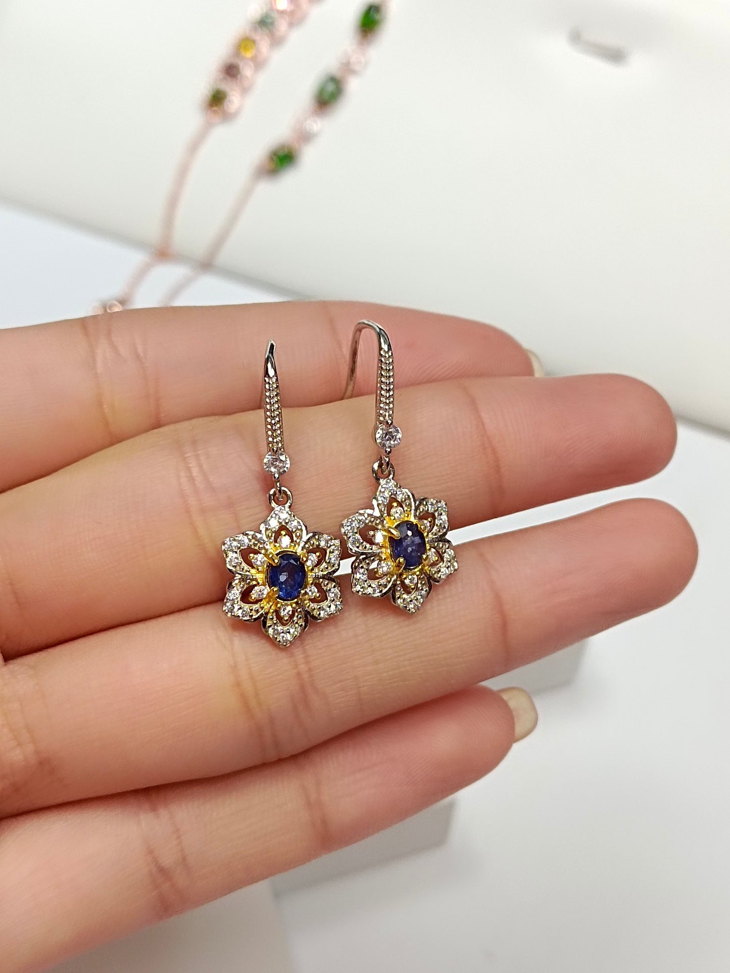 S925 Silver Sapphire Sunflower Earrings - Elegant Jewelry