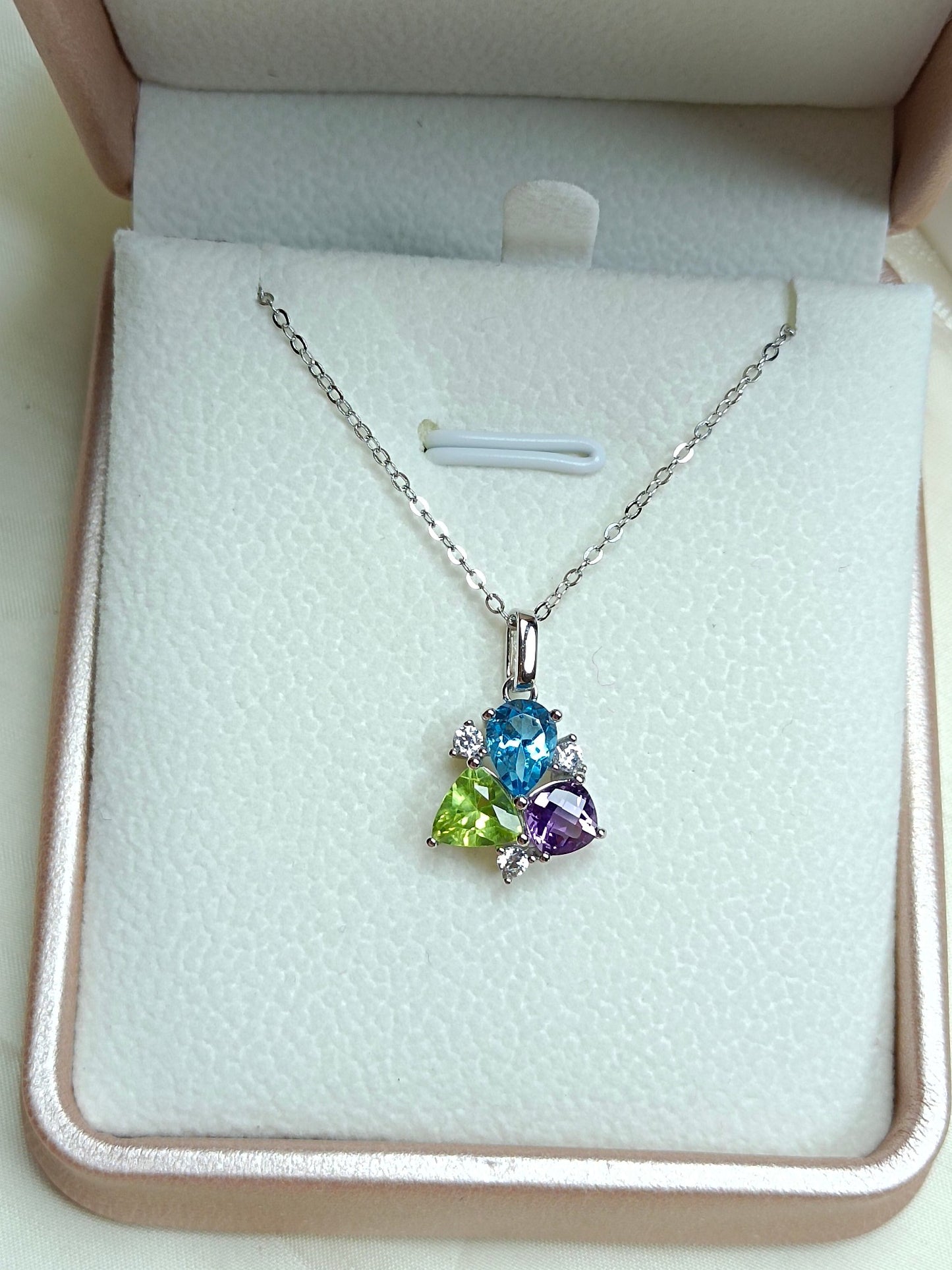 Barang Kemas S925 Sterling Silver dengan Amethyst, Topaz dan Peridot Inlay