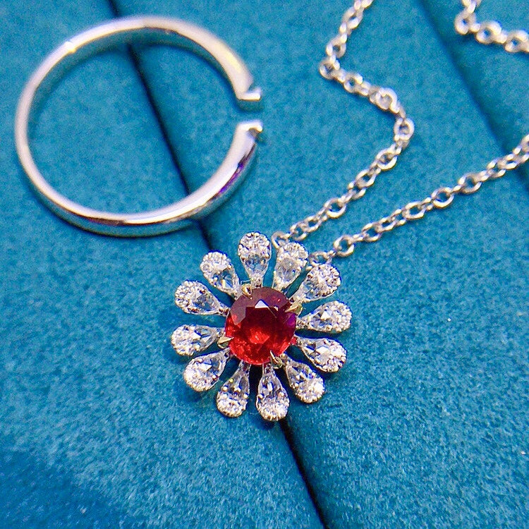 Elegant Petal-Shaped Ruby and Diamond Two-Way Wear Jewelry