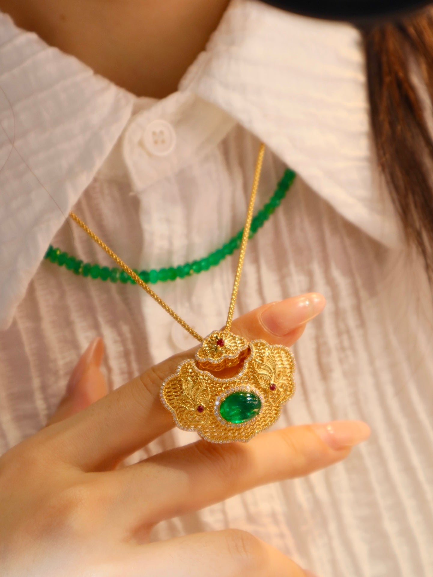 Ruyi Safety Lock Pendant - Emerald Charm Jewelry