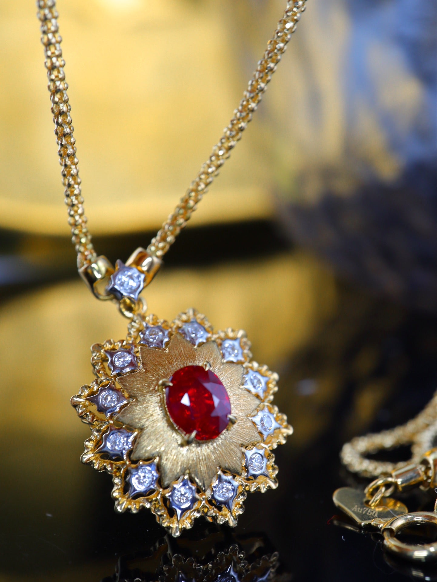 Italian Elegance Jewelry Collection: Buccellati-inspired Crafted Gold Necklace with Ruby and Emerald Pendants