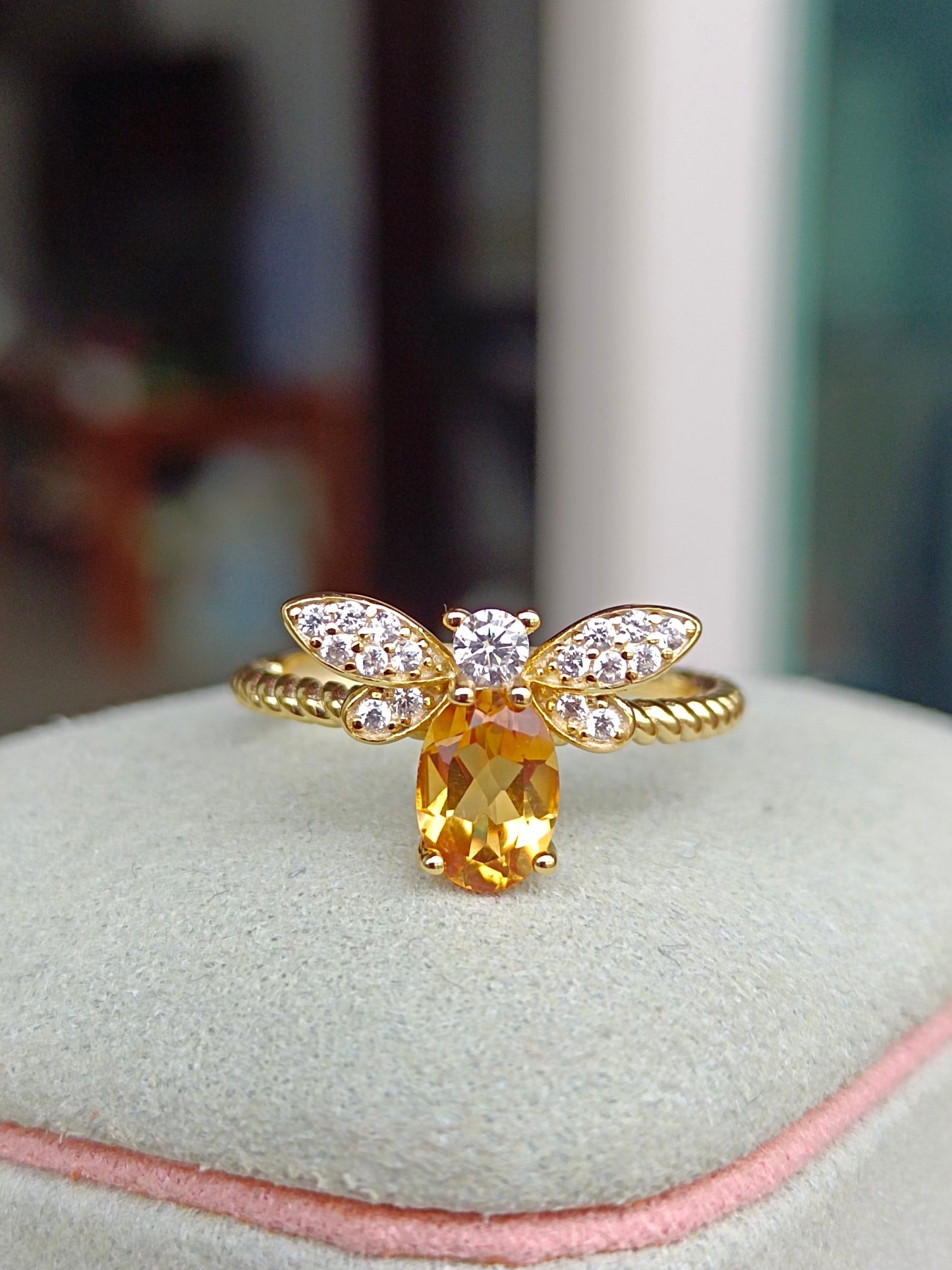 Vibrant Yellow Crystal Bee Ring - Unique Jewelry Piece