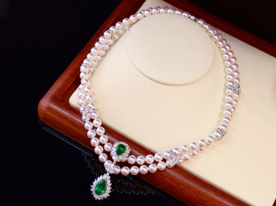 High-End Luxury Flower天女 Pearl and Emerald Evening Wear Necklace