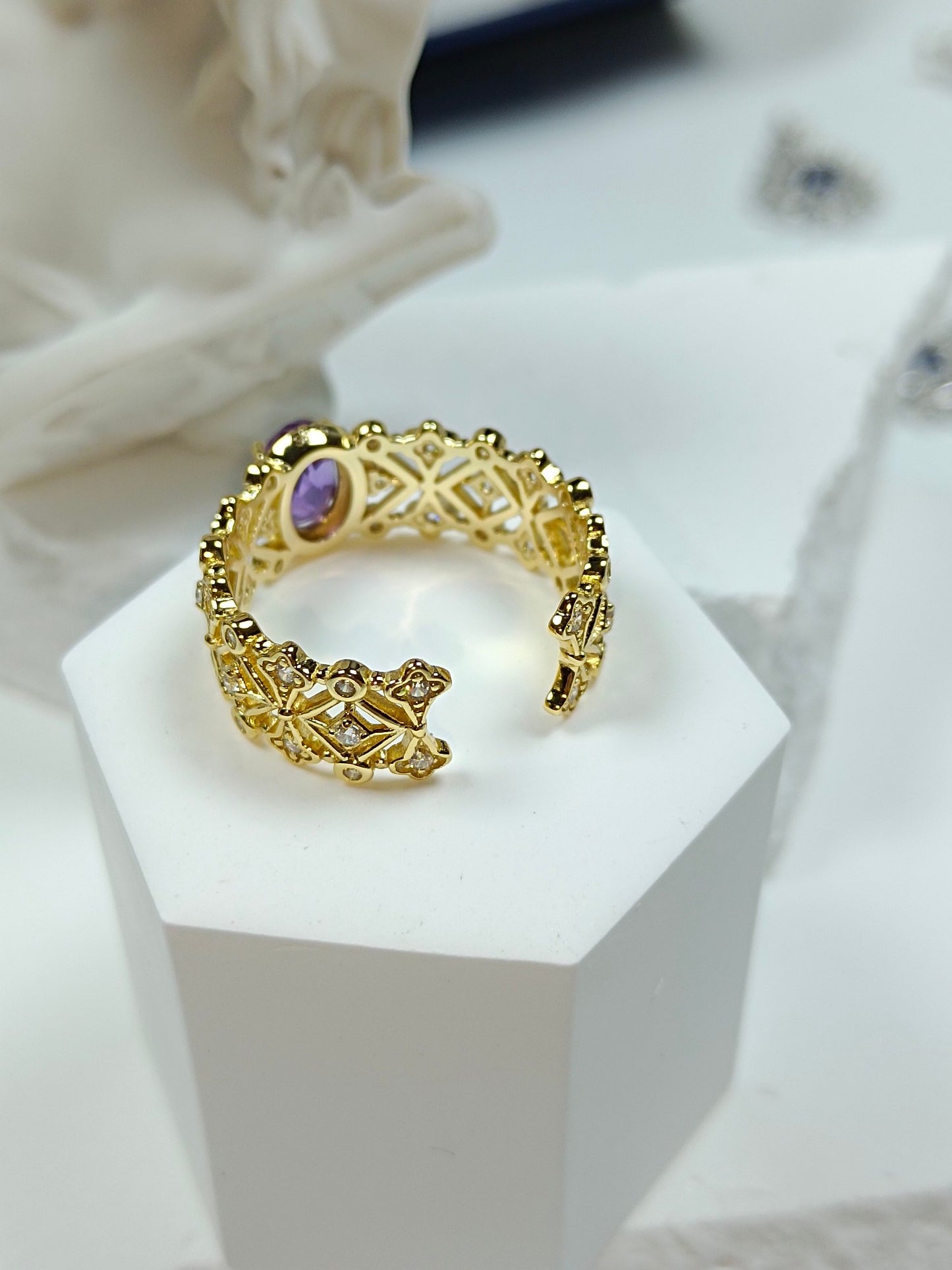 Cincin Perak S925 Sterling dengan Terbenam Amethyst Ungu & Teknik Emas 18K - Reka Bentuk Barang Kemas Unik