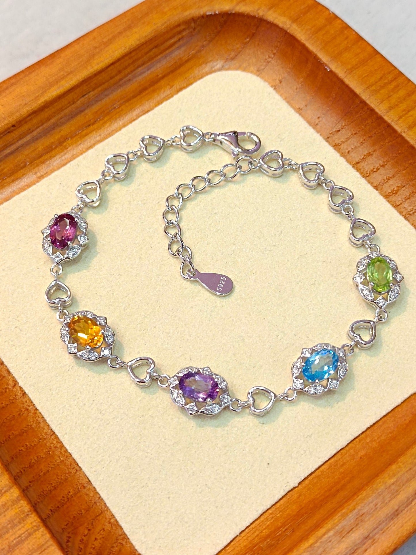 S925 Silver Exquisite Multi-Gemstone Bracelet with Colorful Crystals