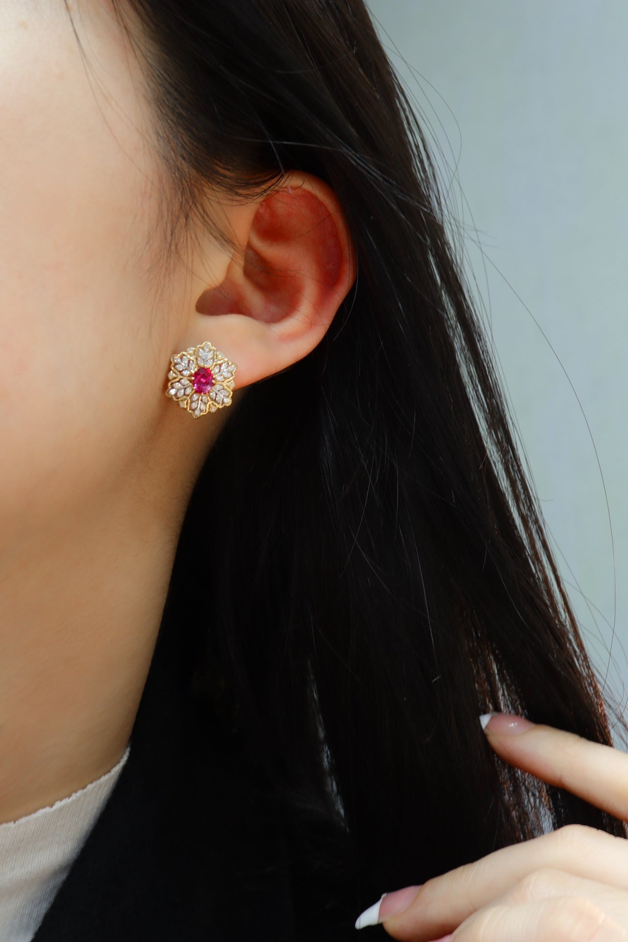 Winter Elegance: Pigeon's Blood Ruby & Diamond Ear Clips Jewelry