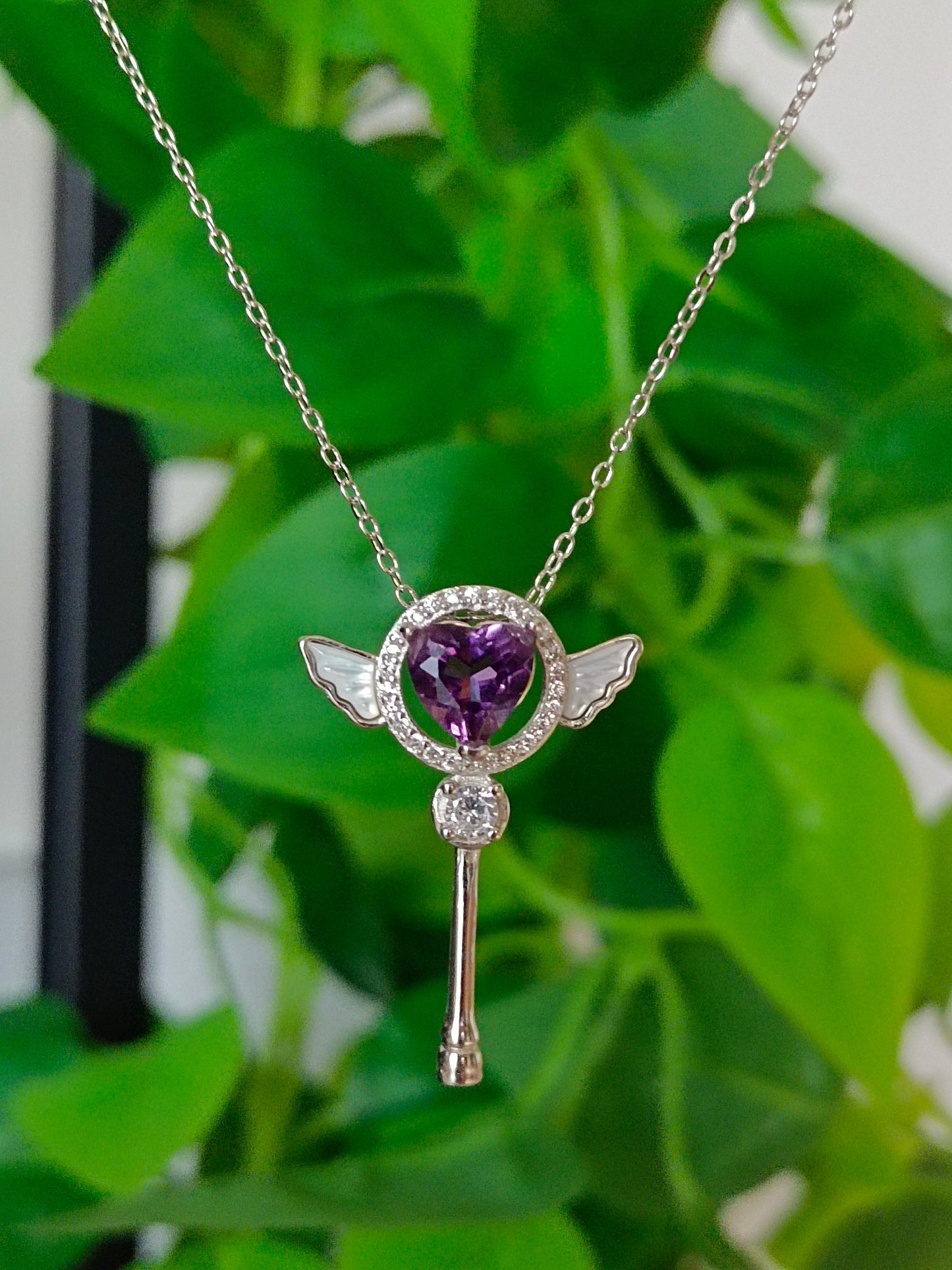 Elegant and Whimsical Natural Purple Crystal Heart Wand Pendant Jewelry