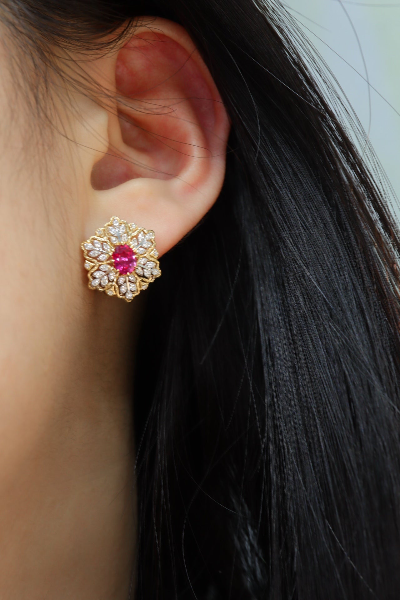 Winter Elegance: Pigeon's Blood Ruby & Diamond Ear Clips Jewelry