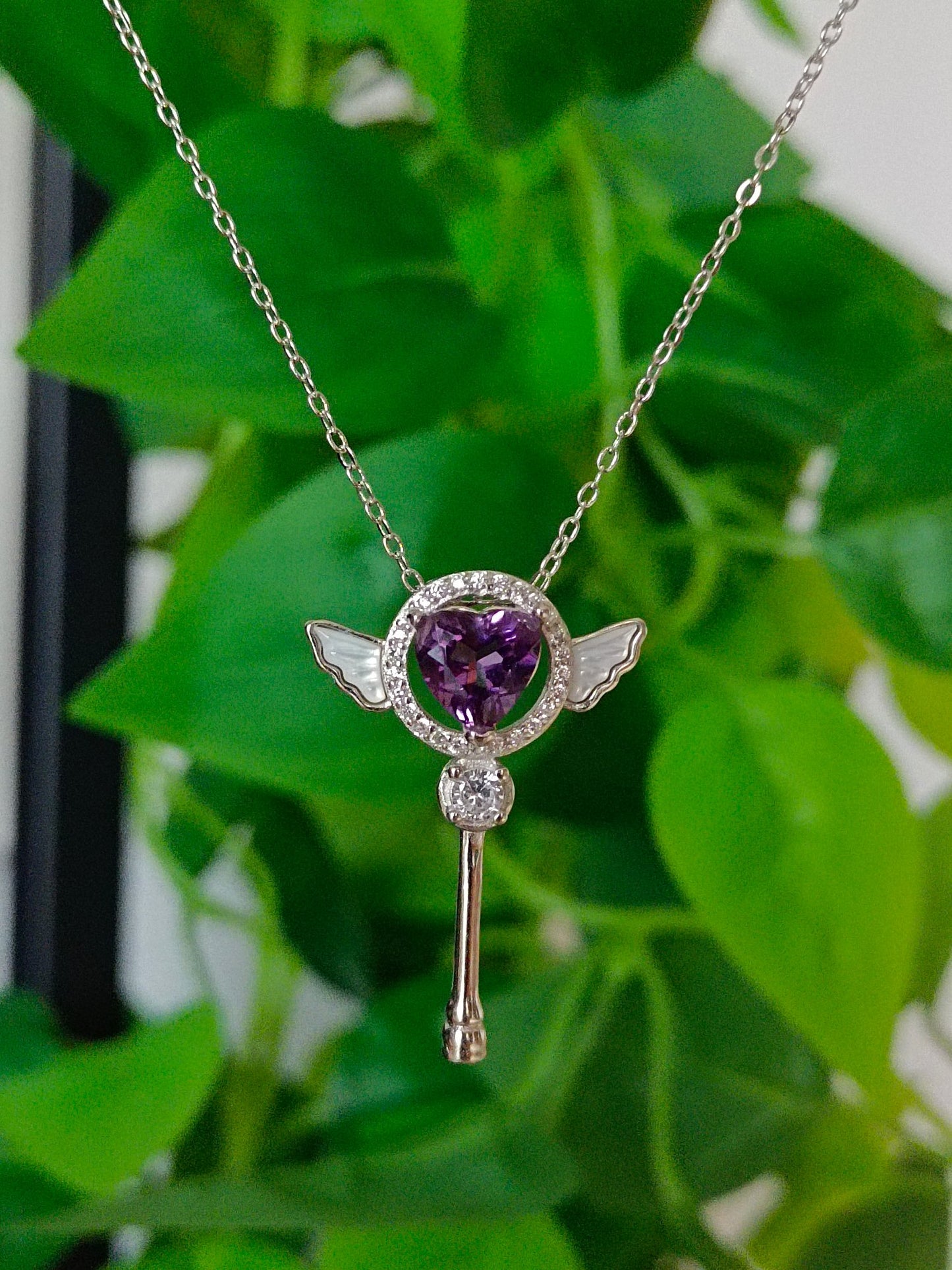 Elegant and Whimsical Natural Purple Crystal Heart Wand Pendant Jewelry