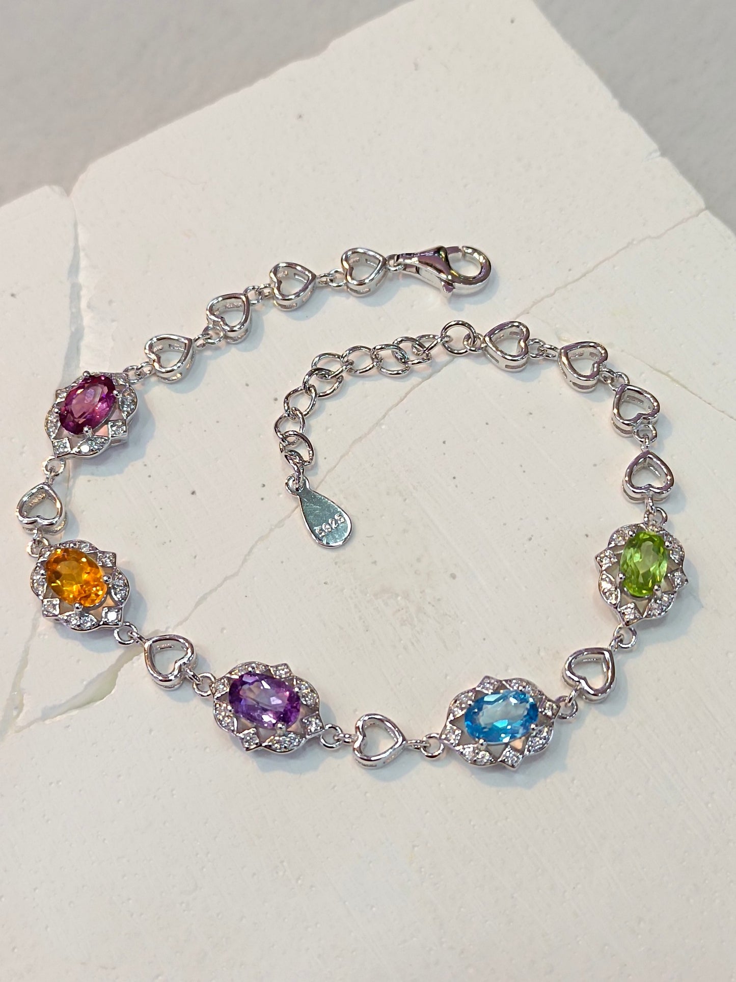 S925 Silver Exquisite Multi-Gemstone Bracelet with Colorful Crystals