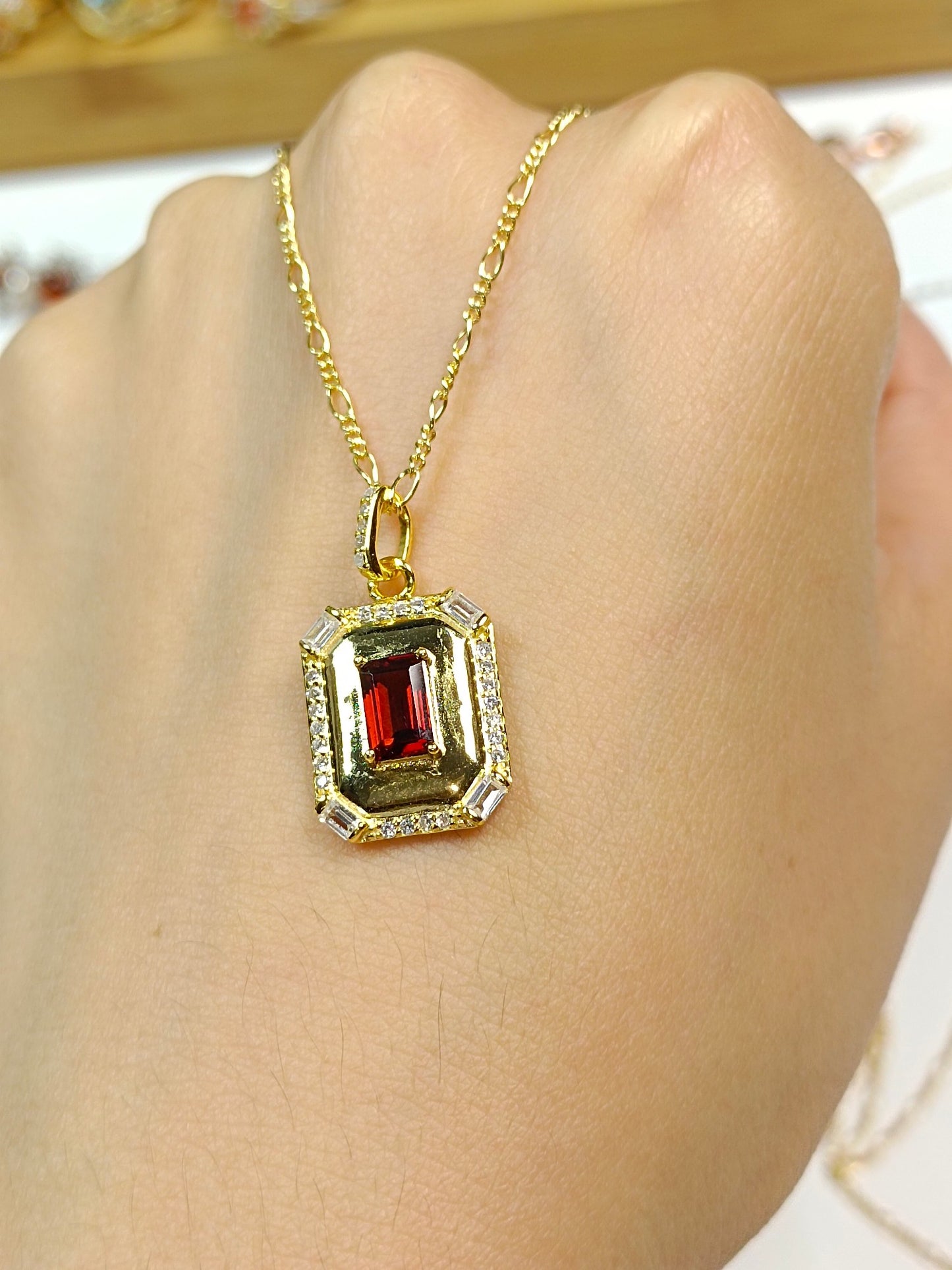 Geometric Square Pendant: S925 Silver Embedded with Garnet - Unique Jewelry