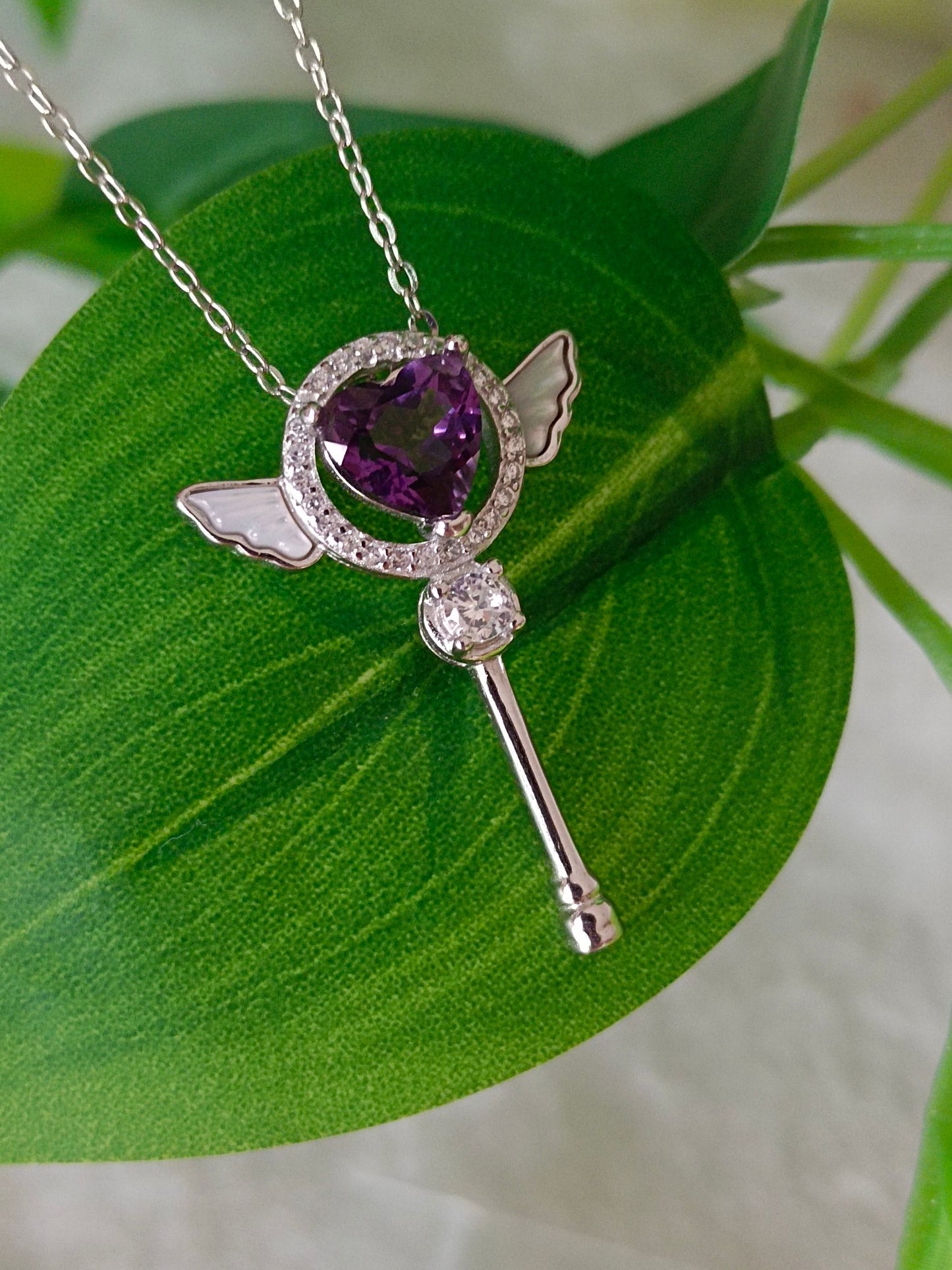 Elegant and Whimsical Natural Purple Crystal Heart Wand Pendant Jewelry