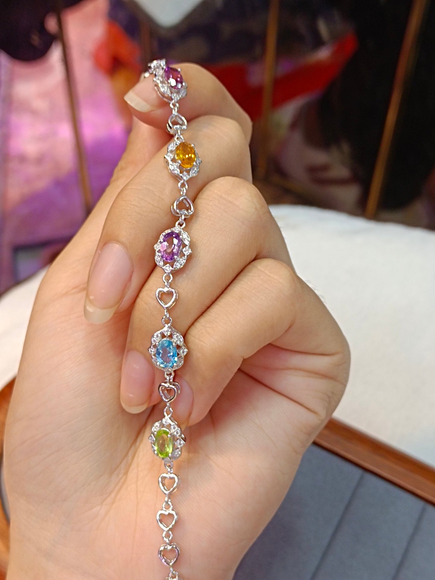 S925 Silver Exquisite Multi-Gemstone Bracelet with Colorful Crystals