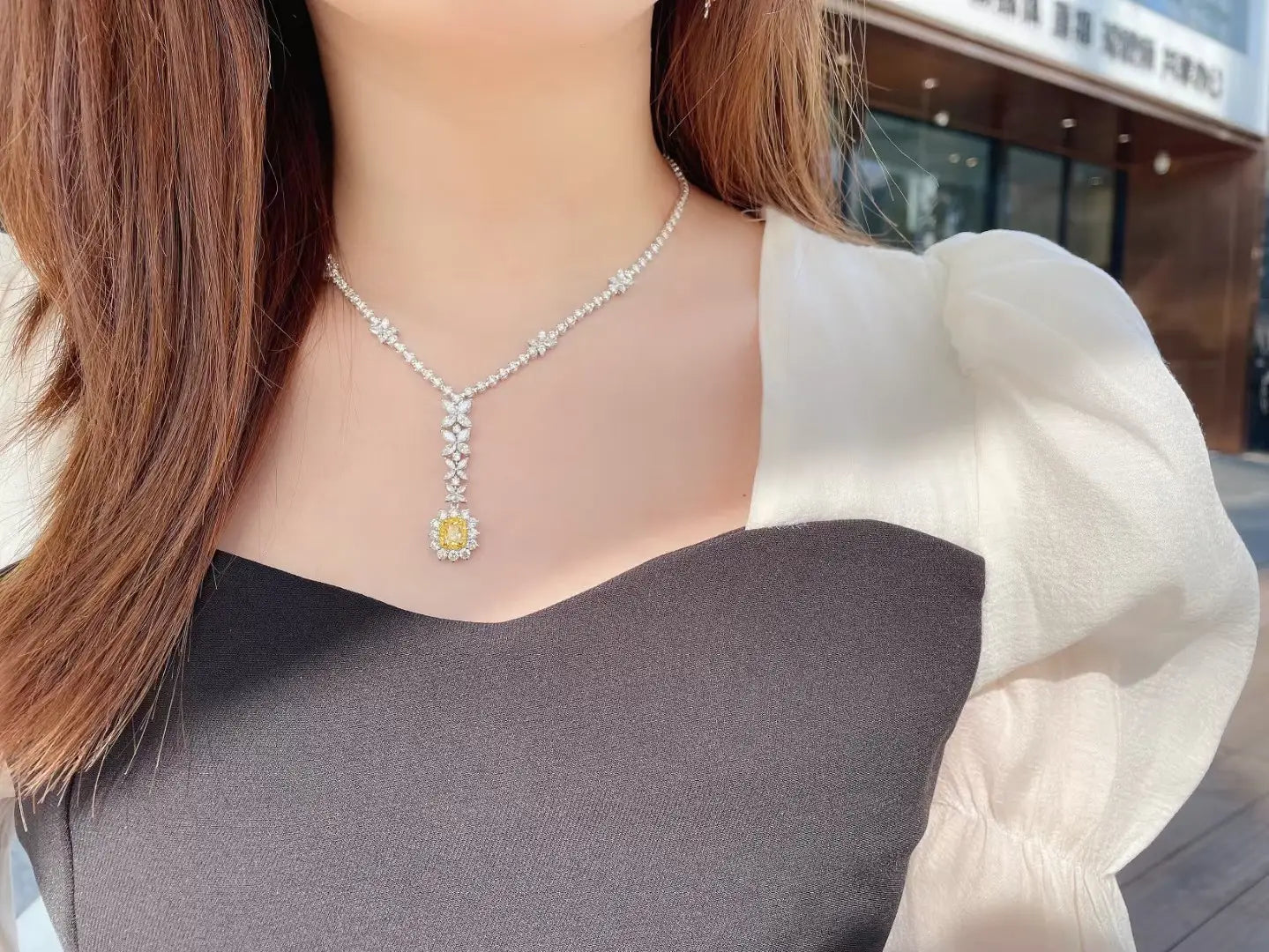 Elegant Clover Yellow Diamond Pillow Cut Necklace: A Dual-Wear Gem