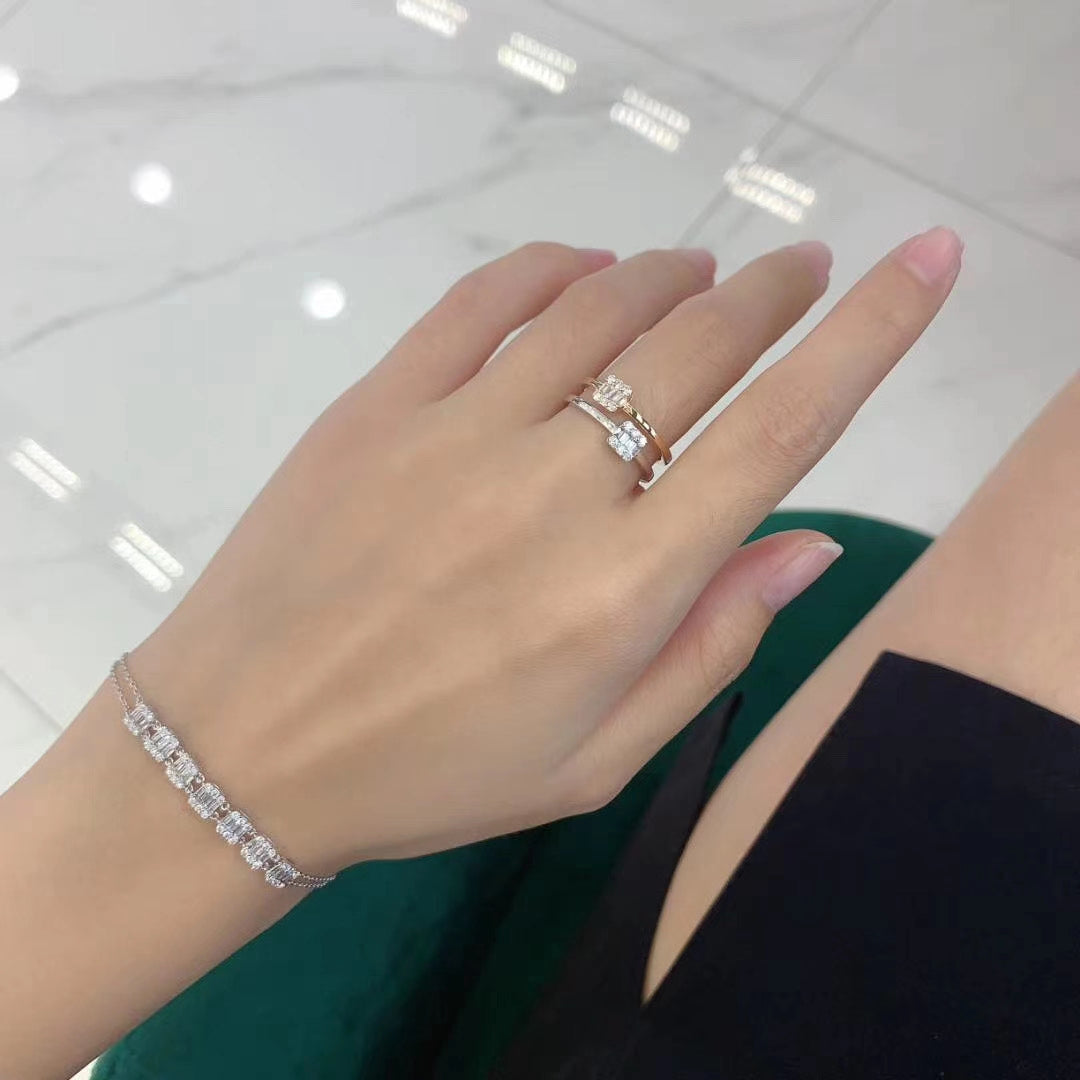 Bicolor Double-Arm T Ring with Diamond Accents - Unique Jewelry Piece - White Diamond Ring