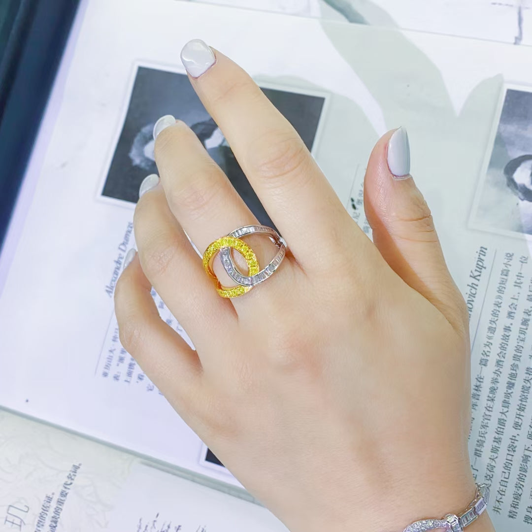 Bicolor Double-Band Ring with Gemstones - Unique Jewelry Piece - Yellow Diamond Ring