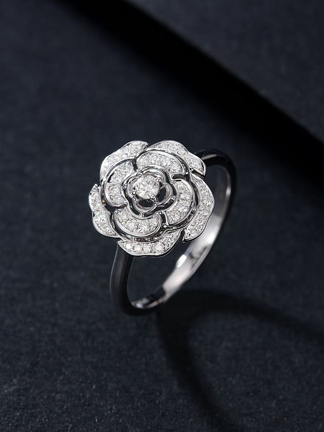 Camellia Flower Ring in Elegant Design - Premium Jewelry - White Diamond Ring