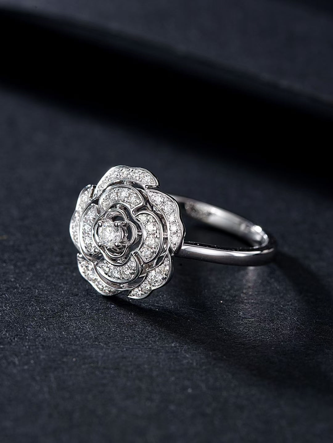 Camellia Flower Ring in Elegant Design - Premium Jewelry - White Diamond Ring