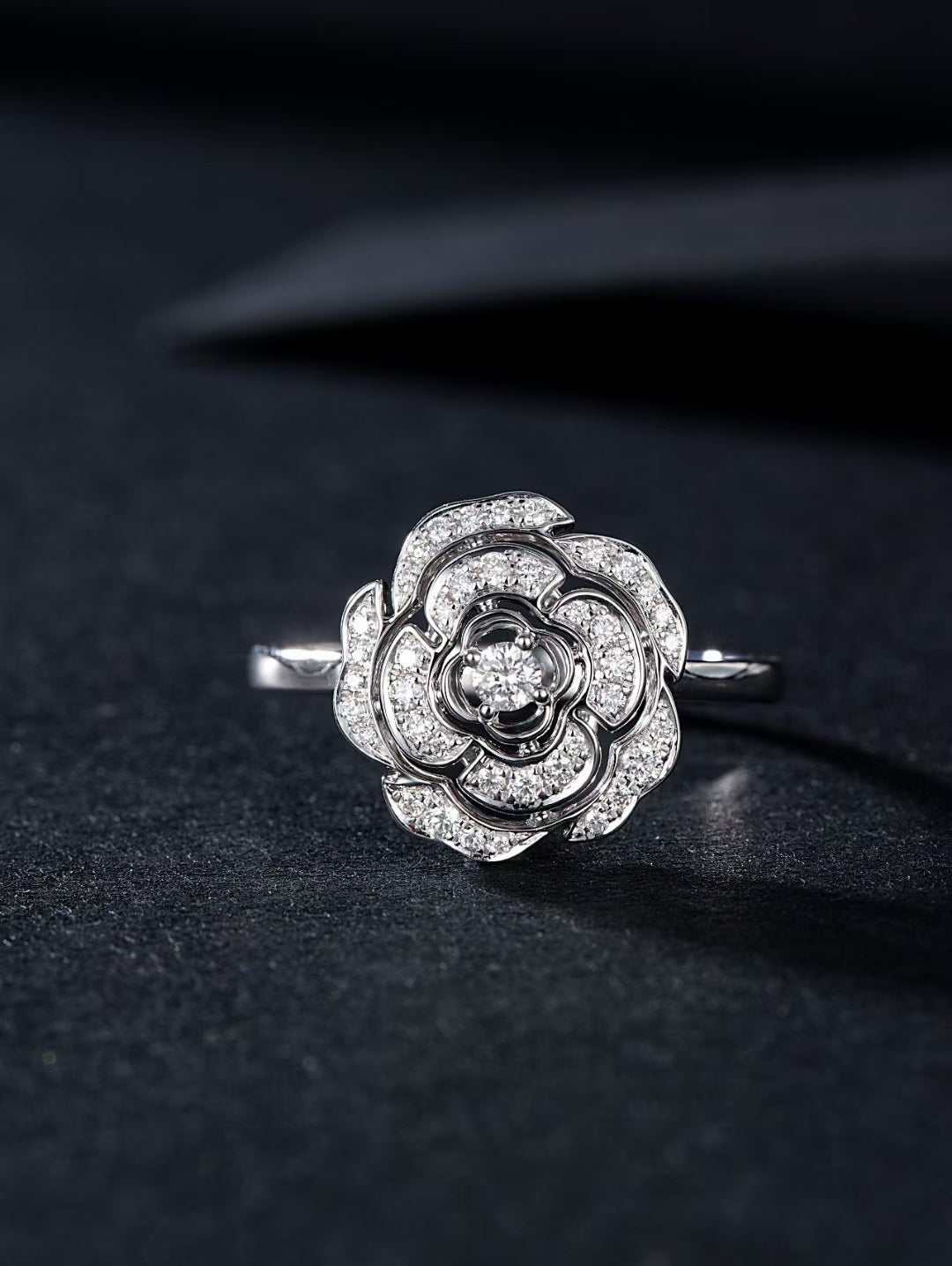 Camellia Flower Ring in Elegant Design - Premium Jewelry - White Diamond Ring