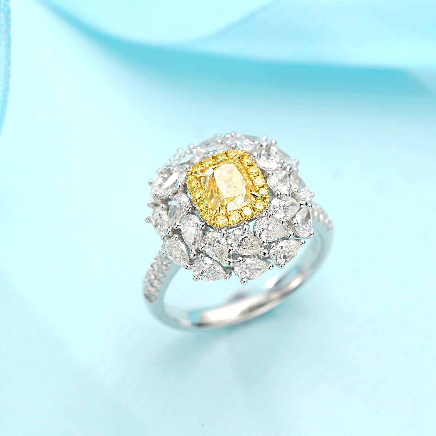 Cra Diamond Cushion Double Halo Teardrop Jewelry Set - Yellow Diamond Ring