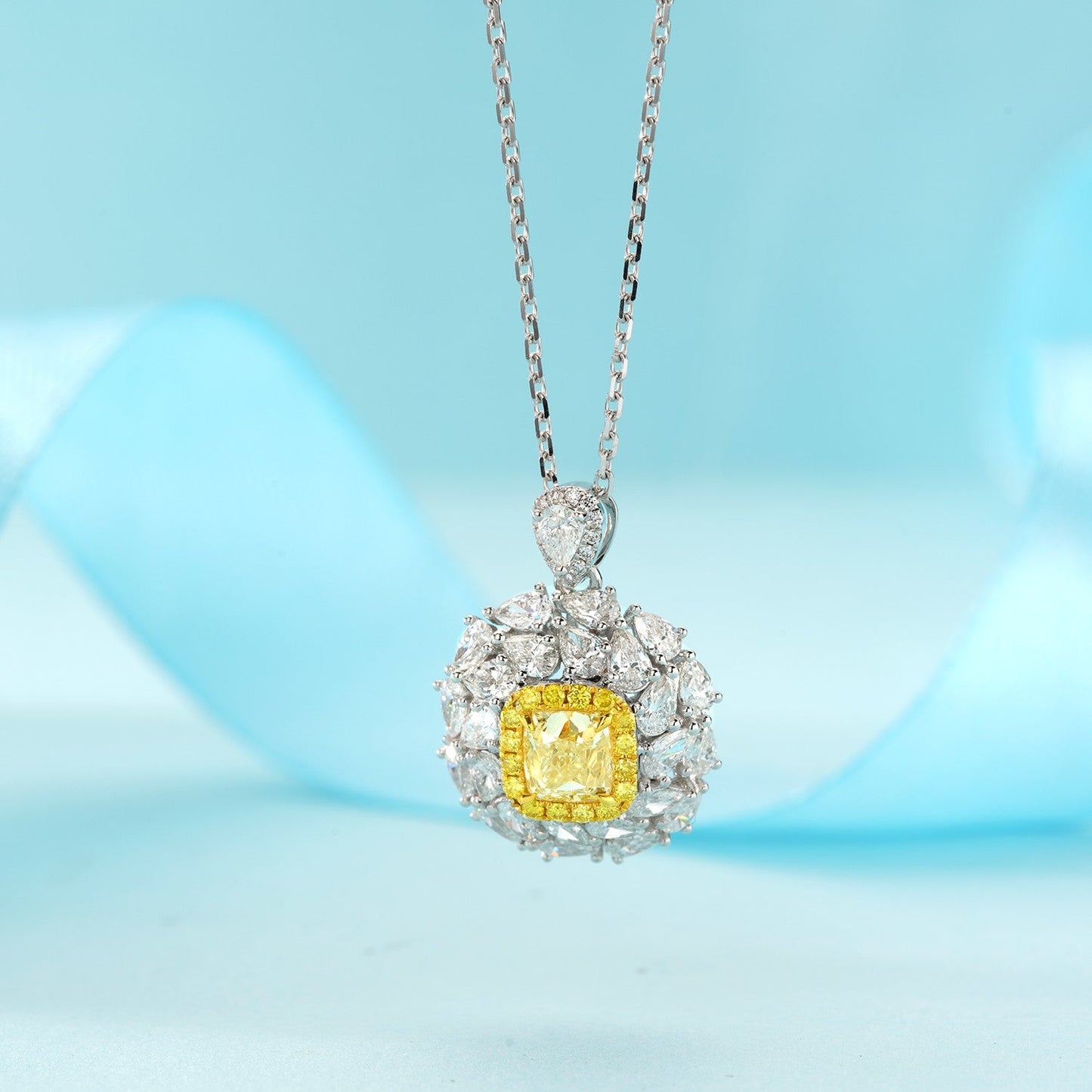 Cra Diamond Cushion Double Halo Teardrop Jewelry Set - Yellow Diamond Ring