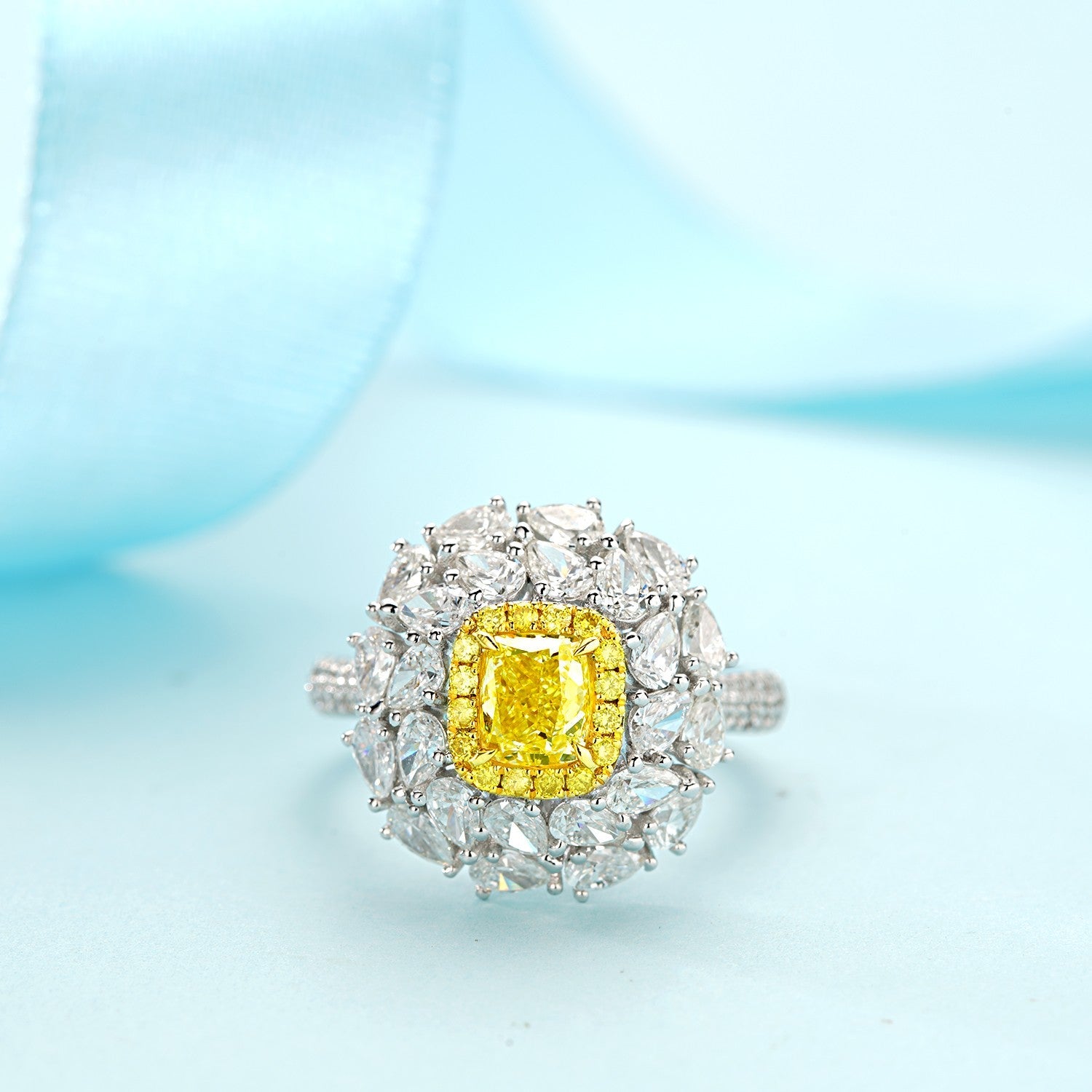 Cra Diamond Cushion Double Halo Teardrop Jewelry Set - Yellow Diamond Ring