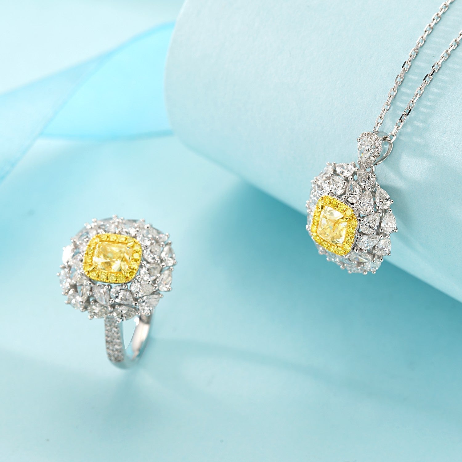 Cra Diamond Cushion Double Halo Teardrop Jewelry Set - Yellow Diamond Ring